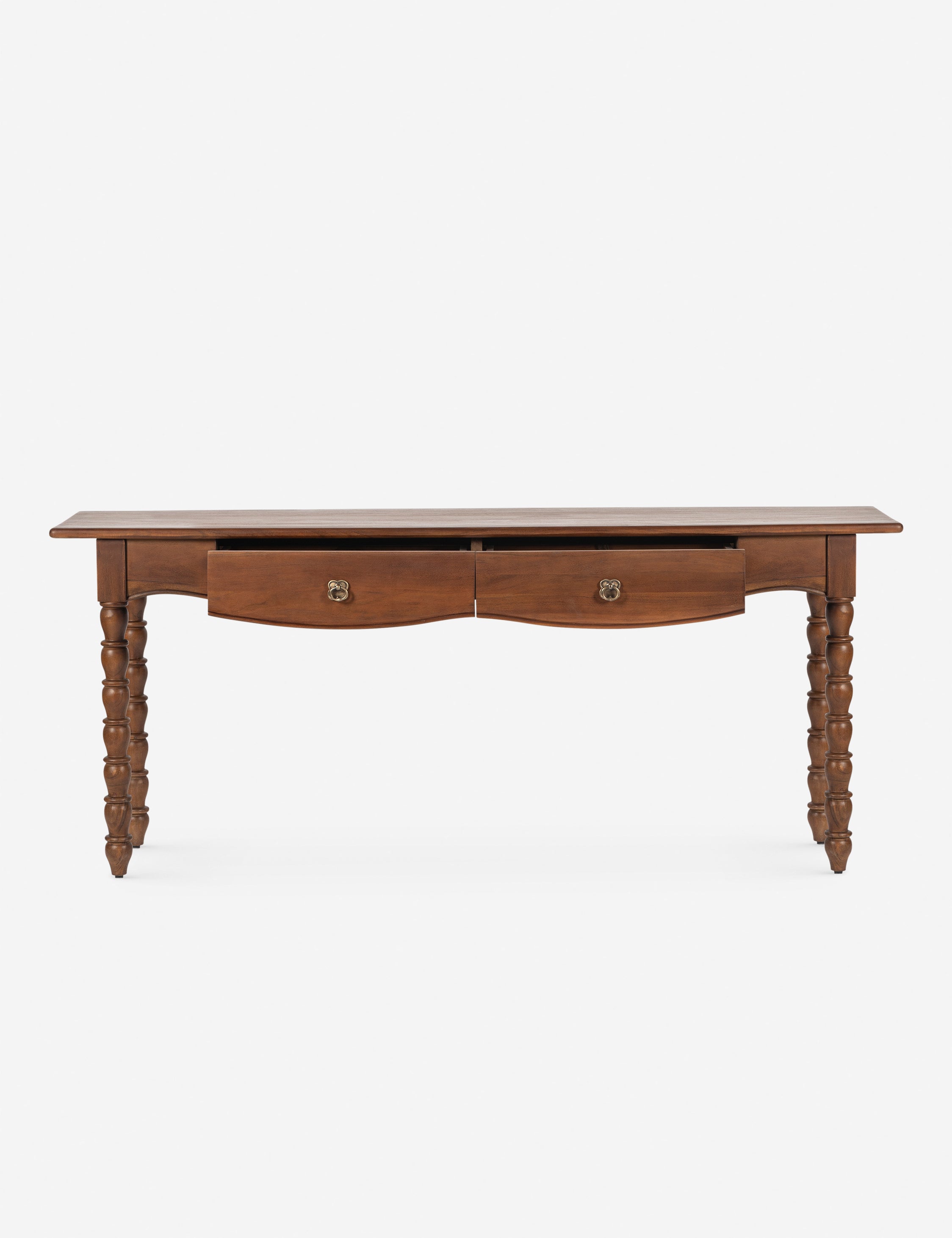 Foxton beaded turned wood two drawer console table with drawers open