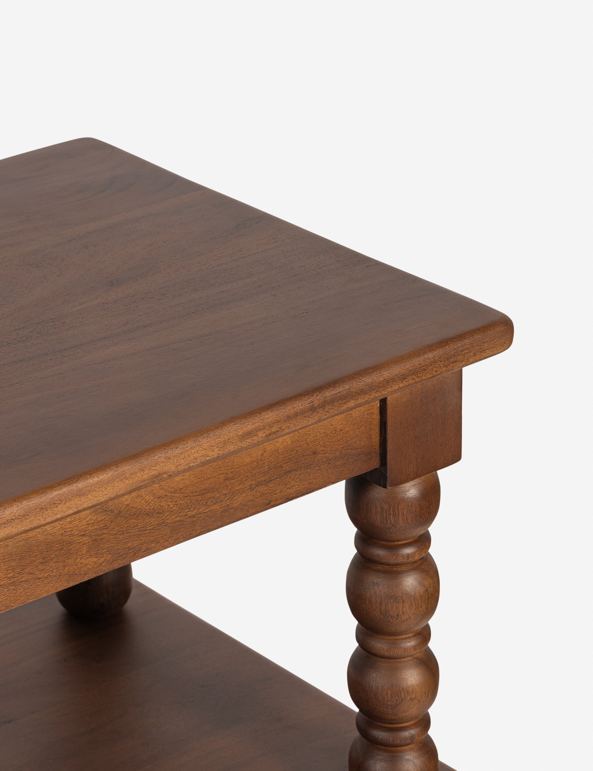 Close up of the top corner of the Foxton beaded turned wood low bookcase