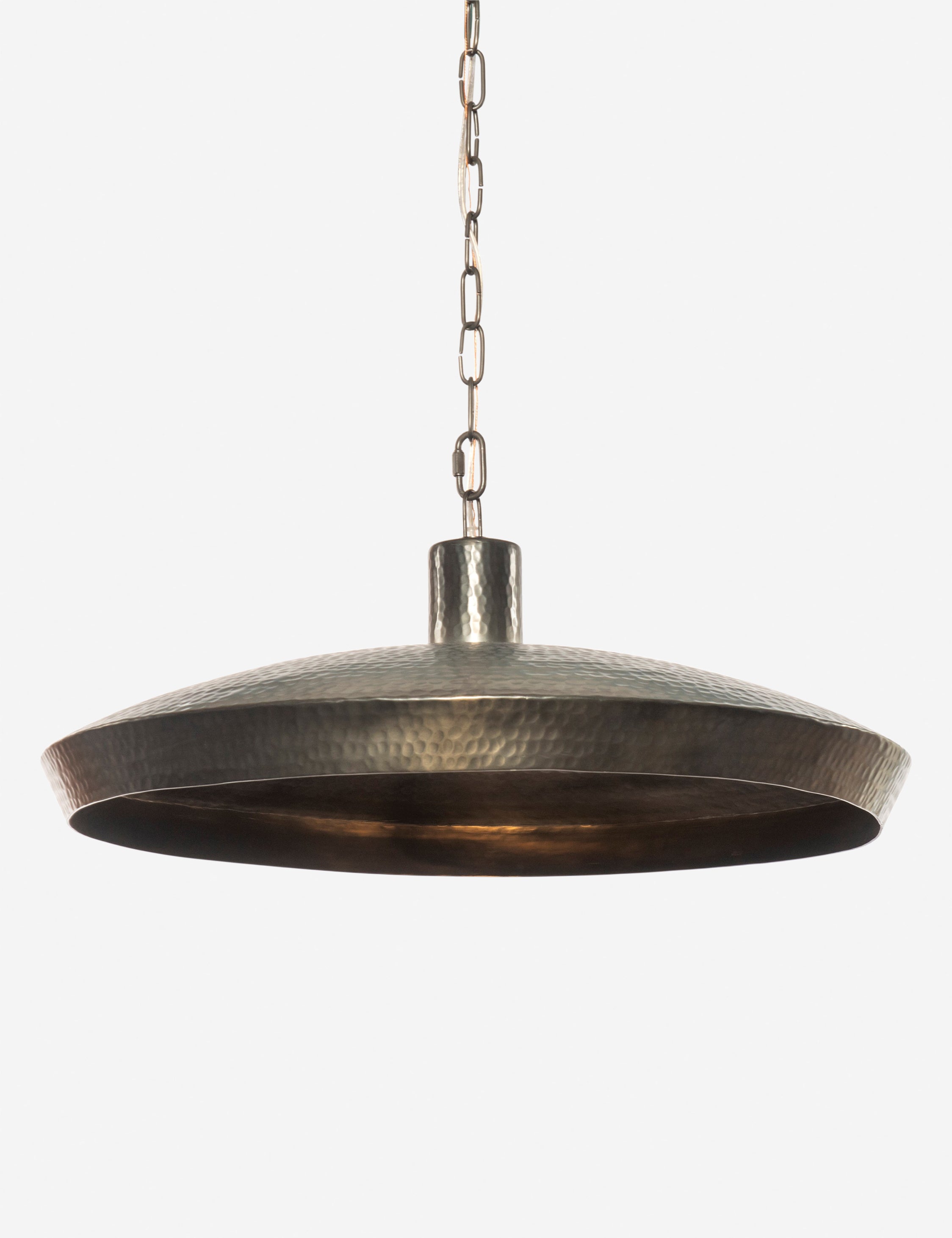 Kamlyn shallow hammered metal dome pendant light in bronze.
