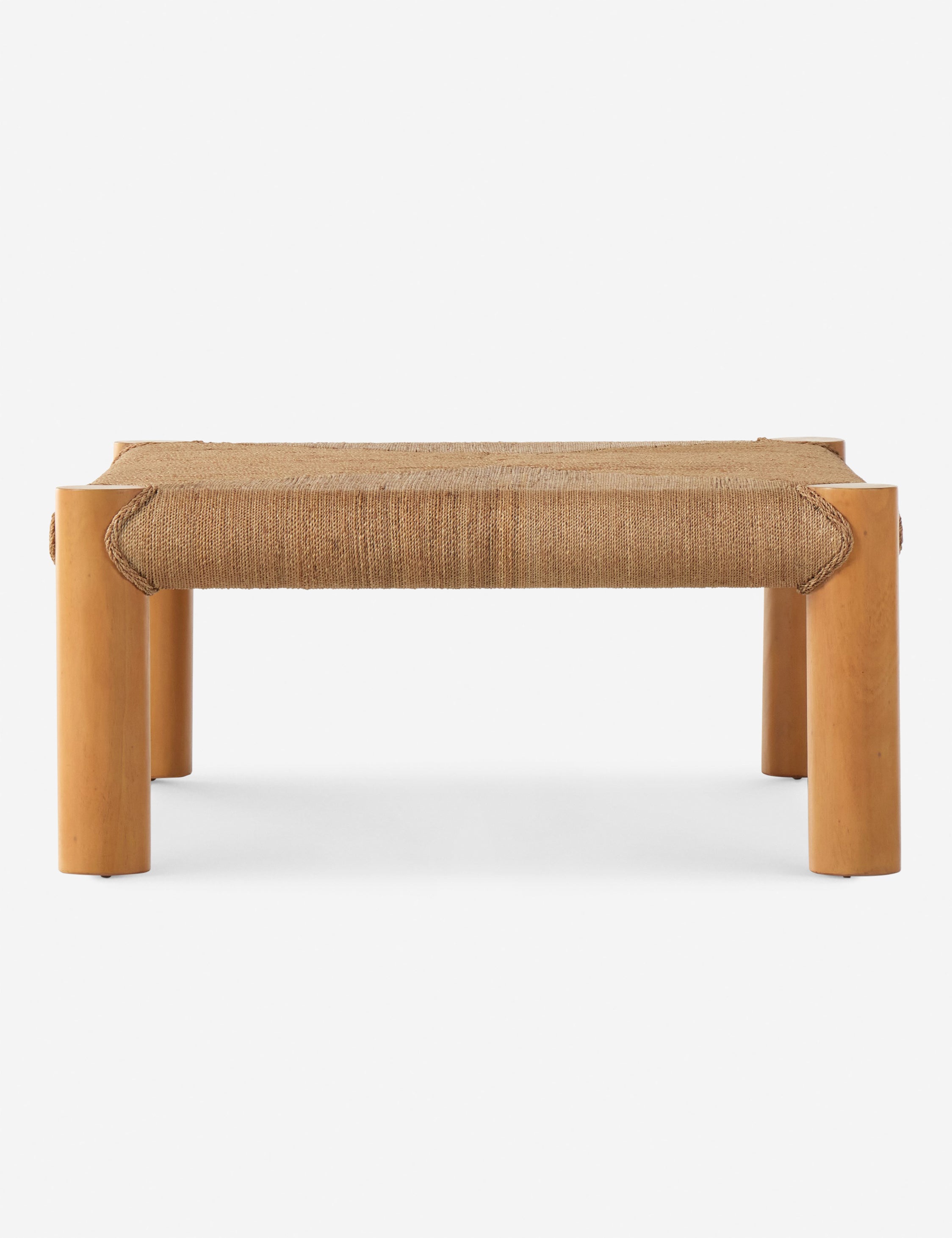 Side view of the Lerner mahogany wood woven top coffee table.