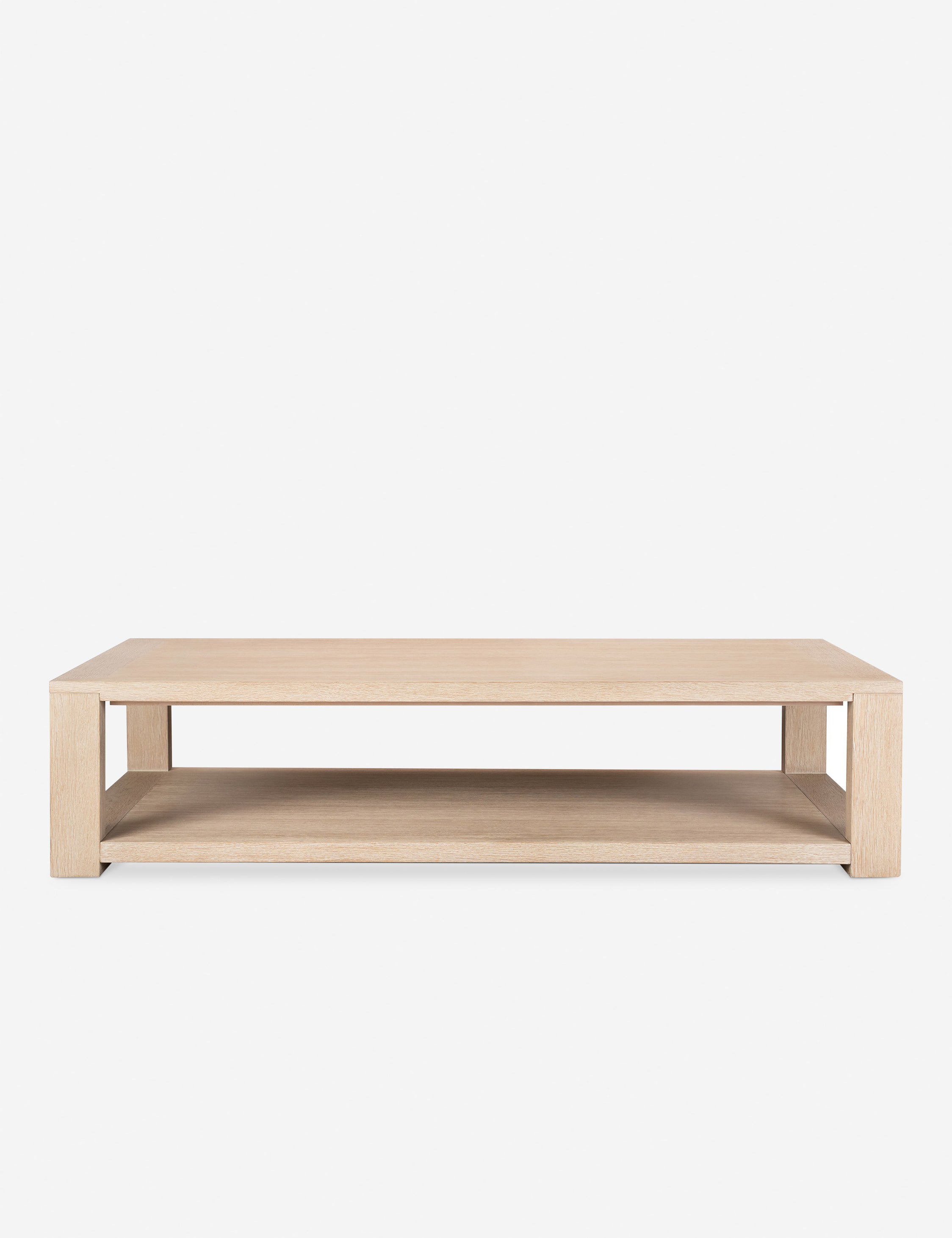 Front view of the Kristoff bleached oak minimalist rectangle coffee table.