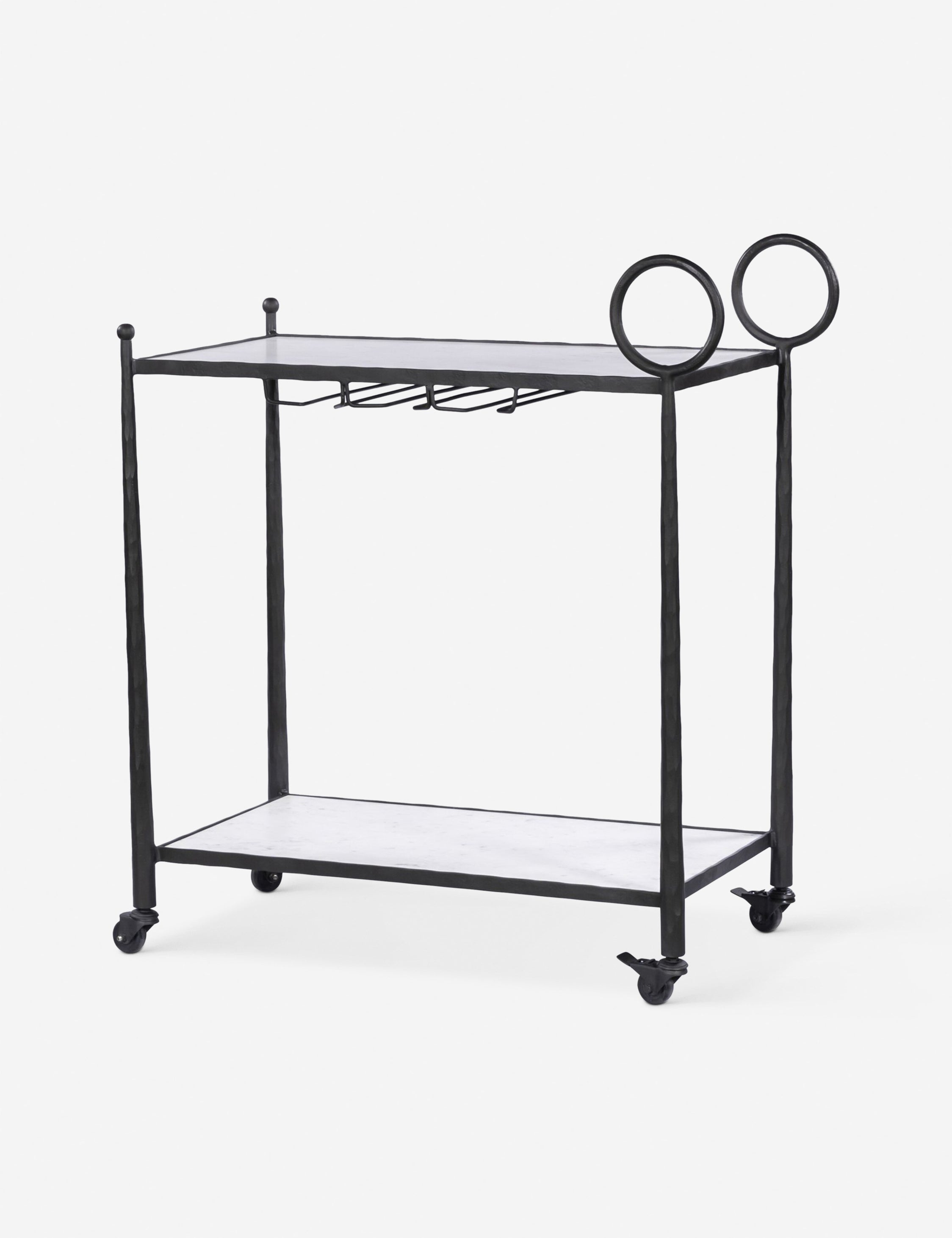 Angled view of the Verdi metal and marble rolling outdoor bar cart.
