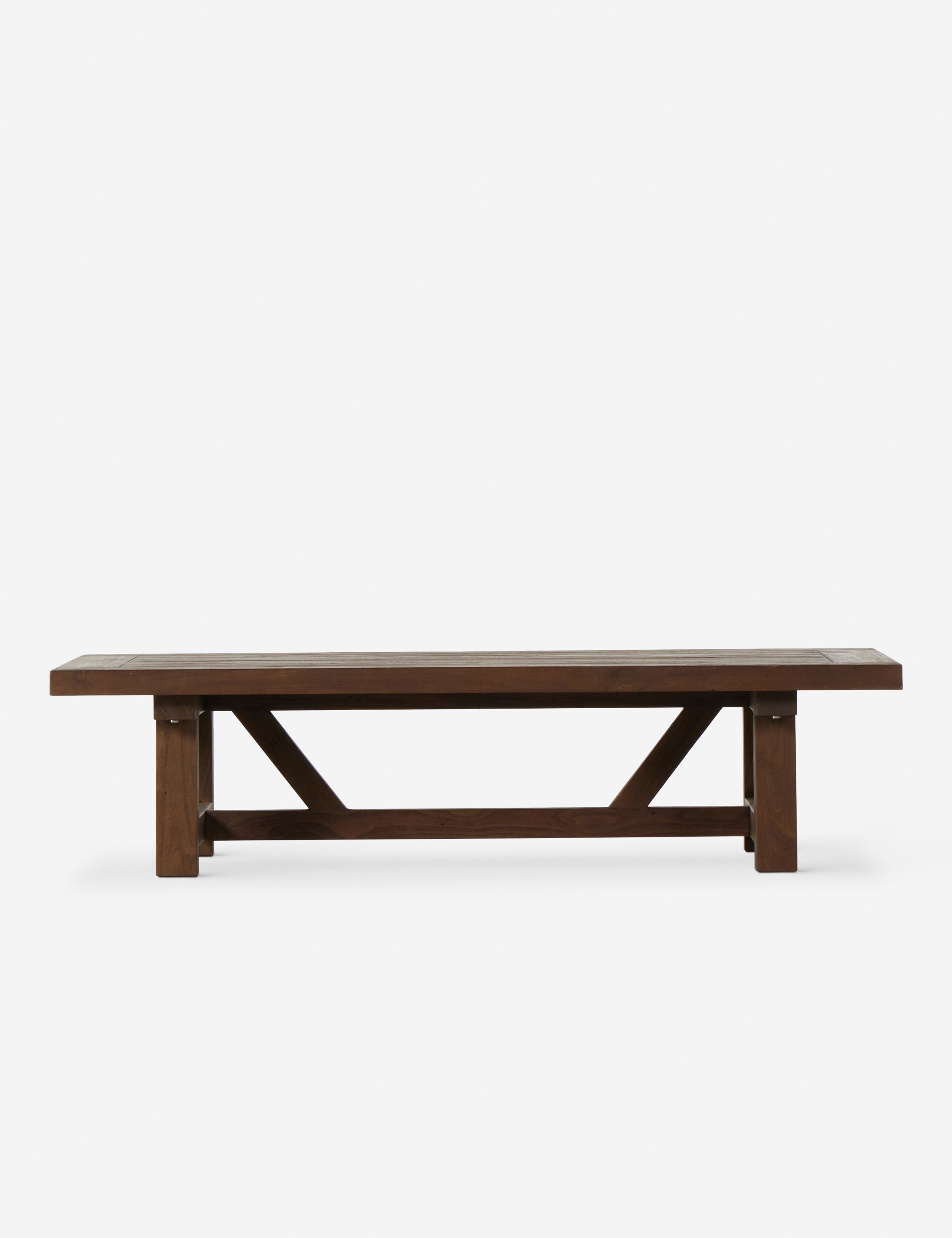 Front view of the Kirkman solid teak rustic wood outdoor coffee table.