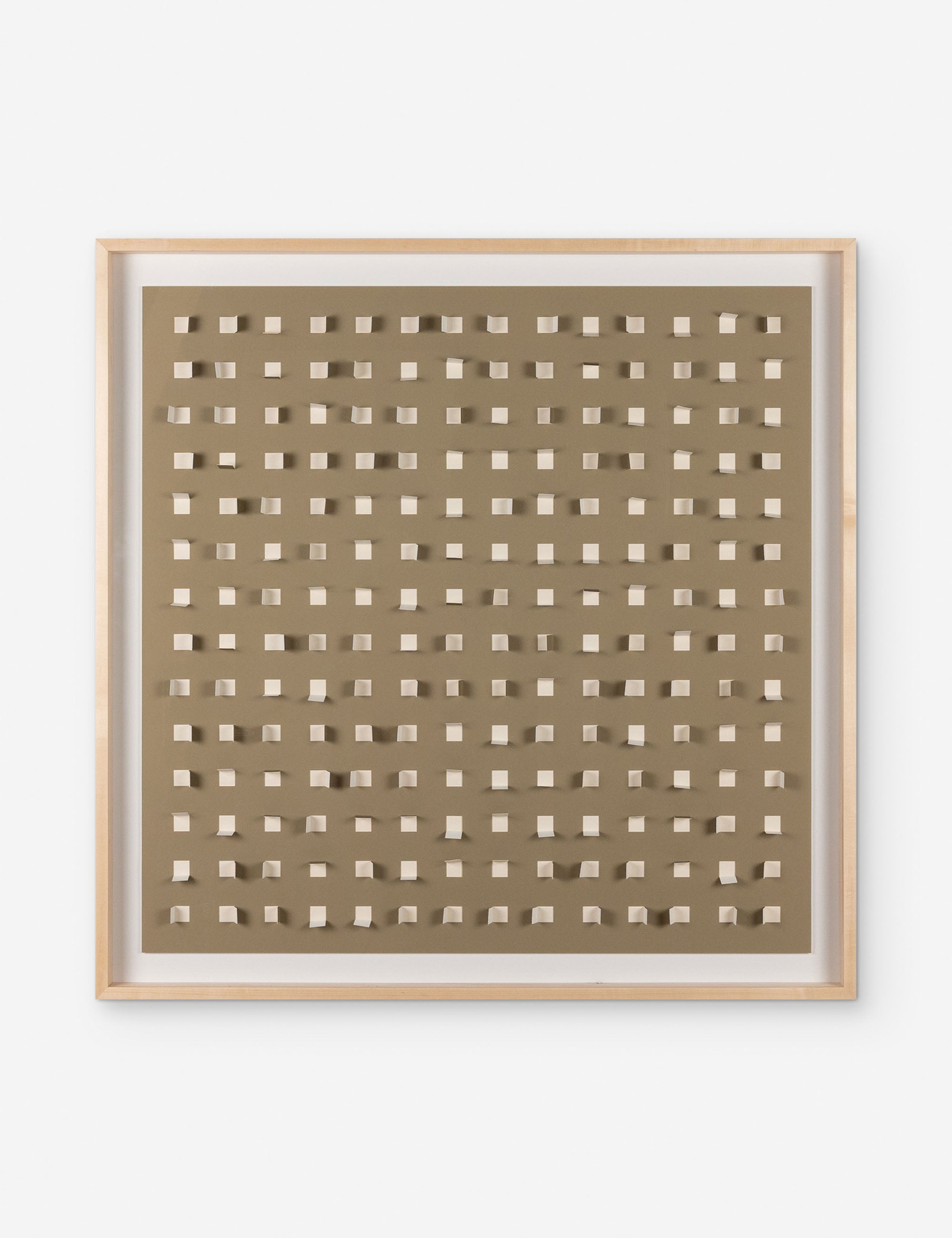 See Through taupe and sand wall art featuring square paper cutouts with flaps on a linen backdrop