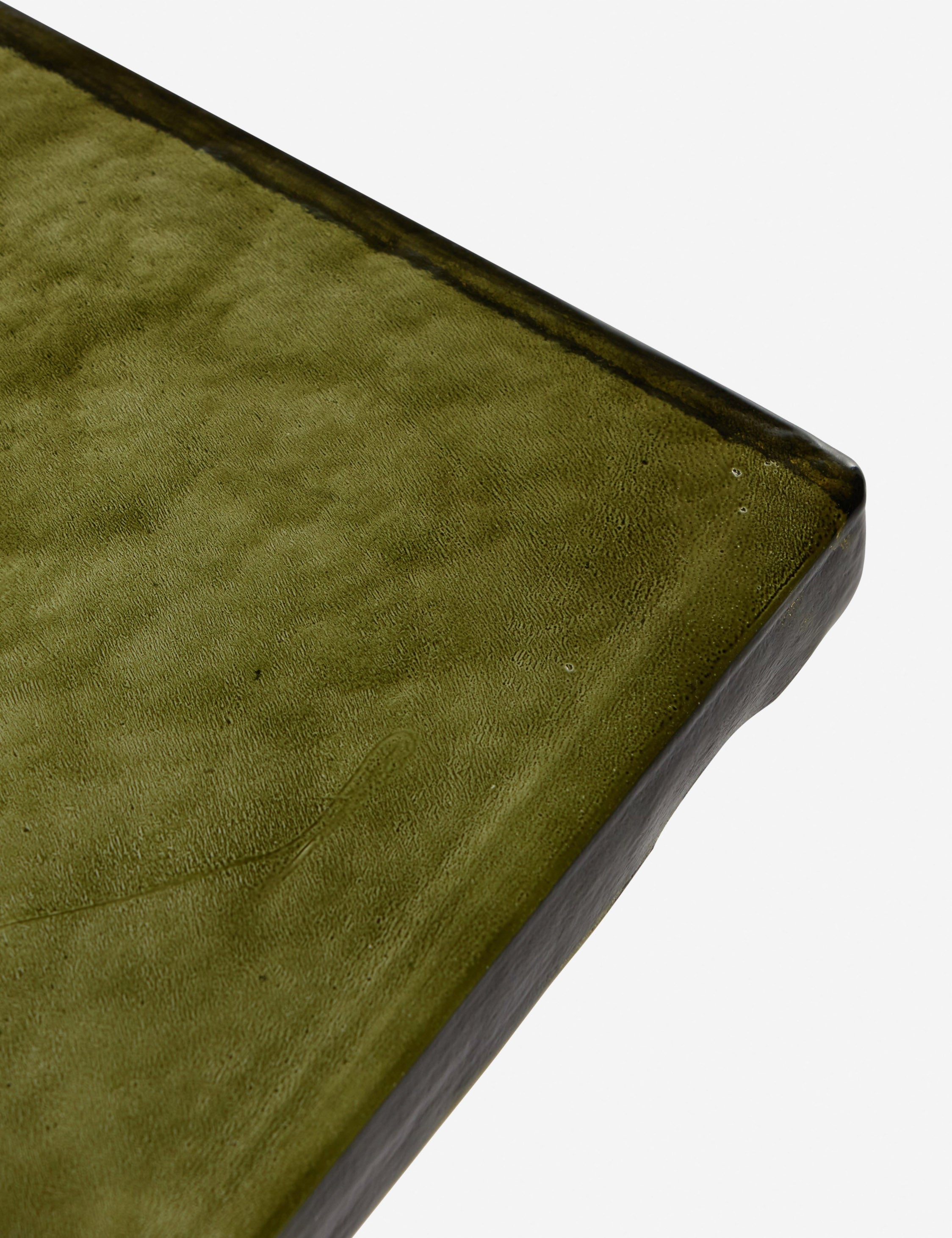 Close up of the corner of the Bergen retro iron frame and glass top side table.