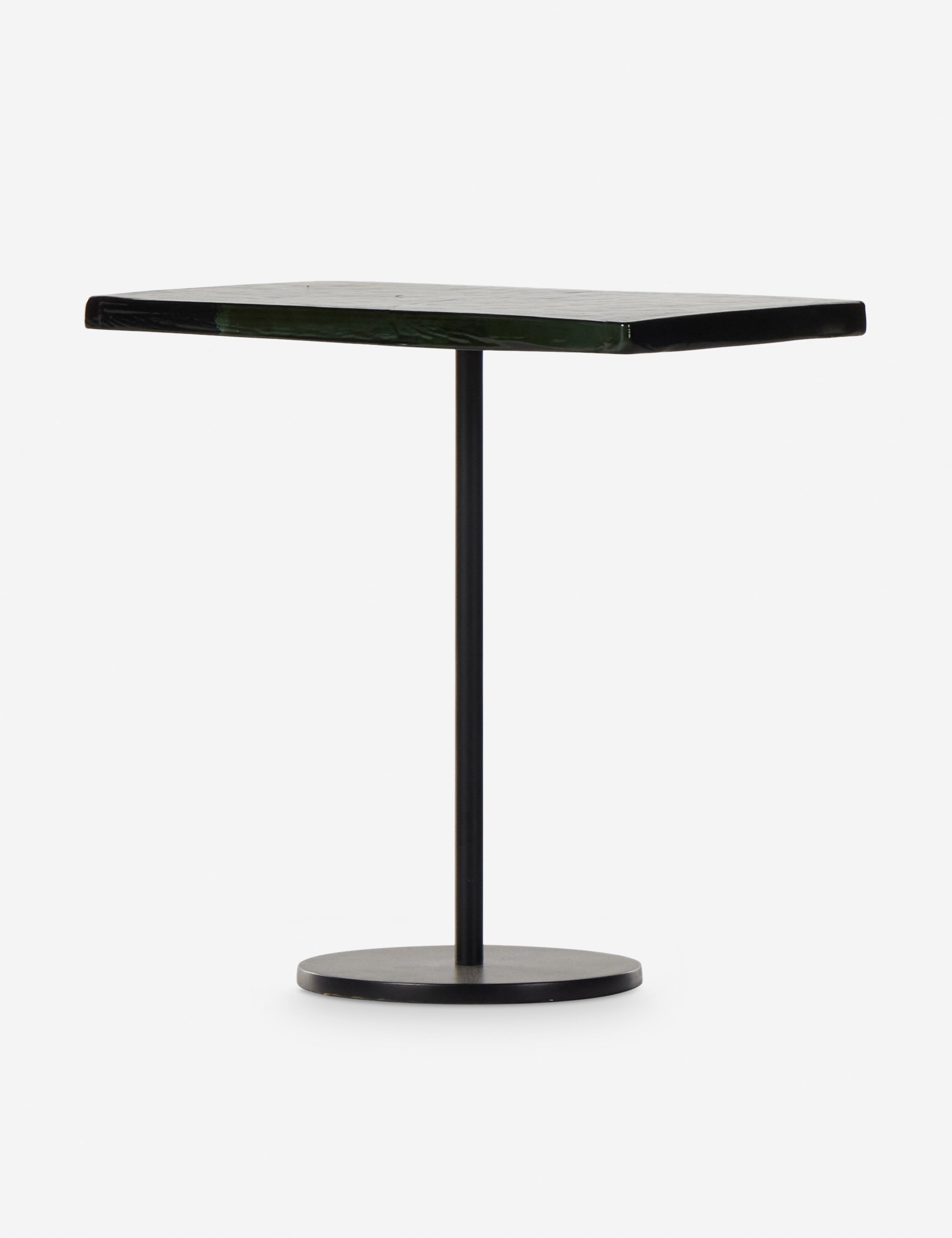 Angled view of the Bergen retro iron frame and glass top side table.