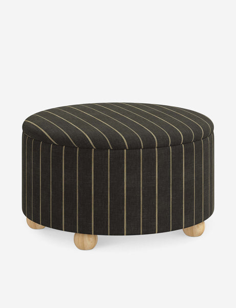 #color::peppercorn-stripe #size::34-Dia | Angled view of the Kamila Peppercorn Stripe Linen 34-inch ottoman