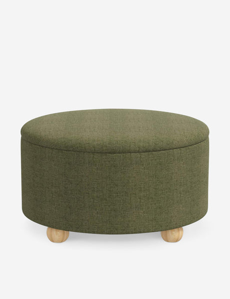 #color::sage-linen #size::34-Dia | Kamila Sage Green Linen 34-inch round ottoman with storage space and pinewood feet