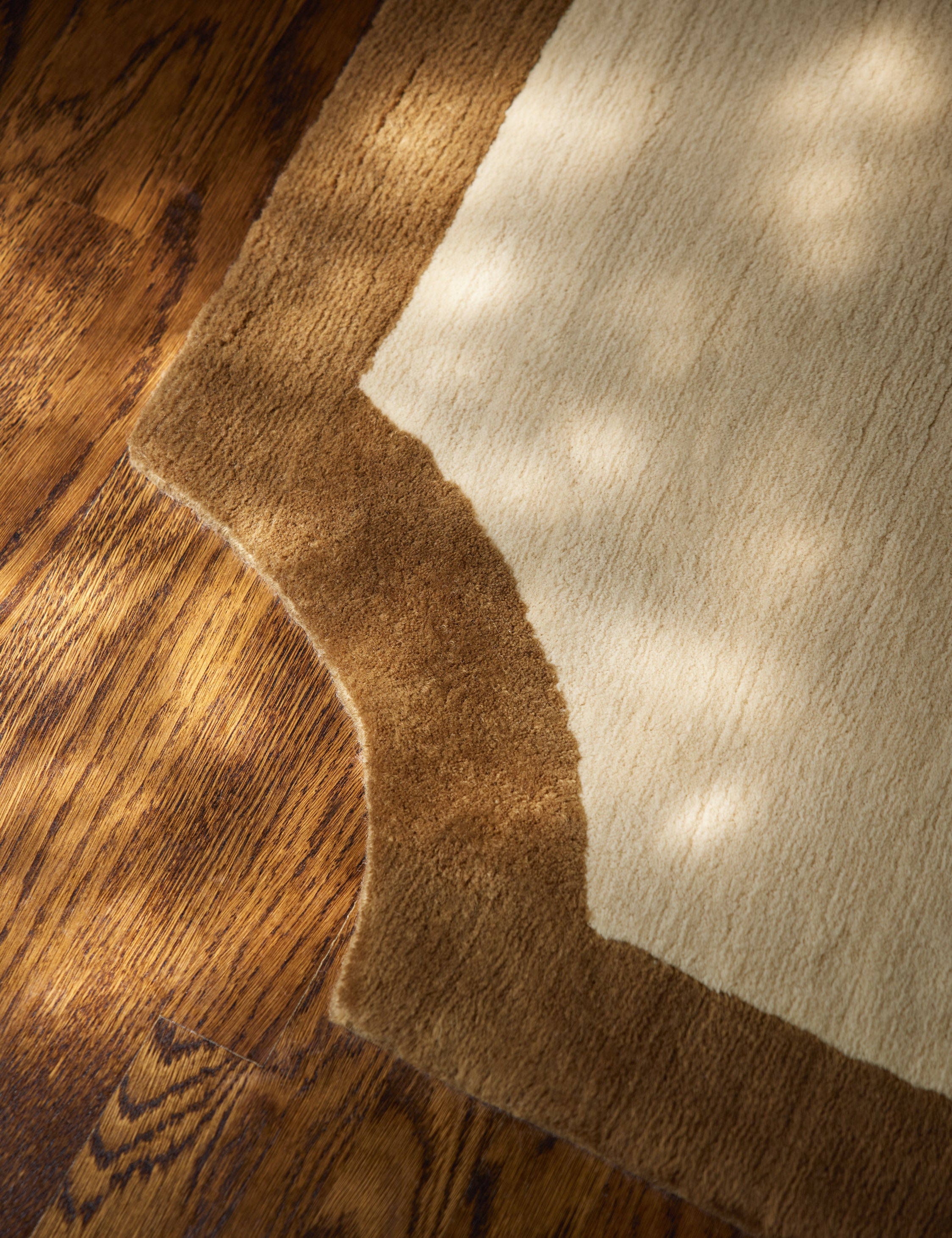 Close up view of the scalloped corner of the Clapham Hand-Loomed Wool Rug by Jake Arnold.