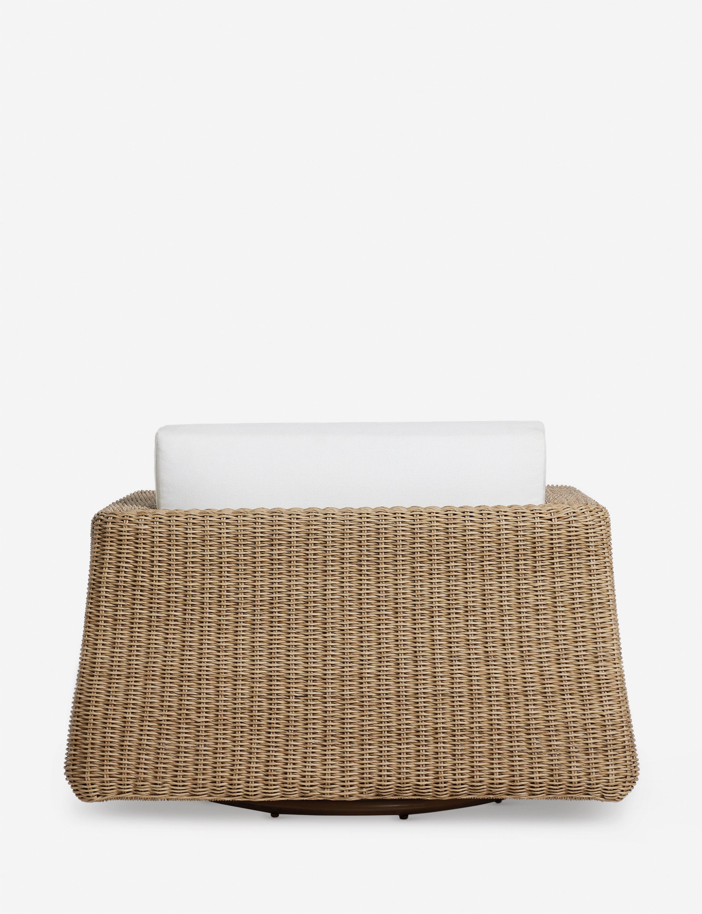 Back of the Aisha wide arm modern wicker outdoor swivel chair.
