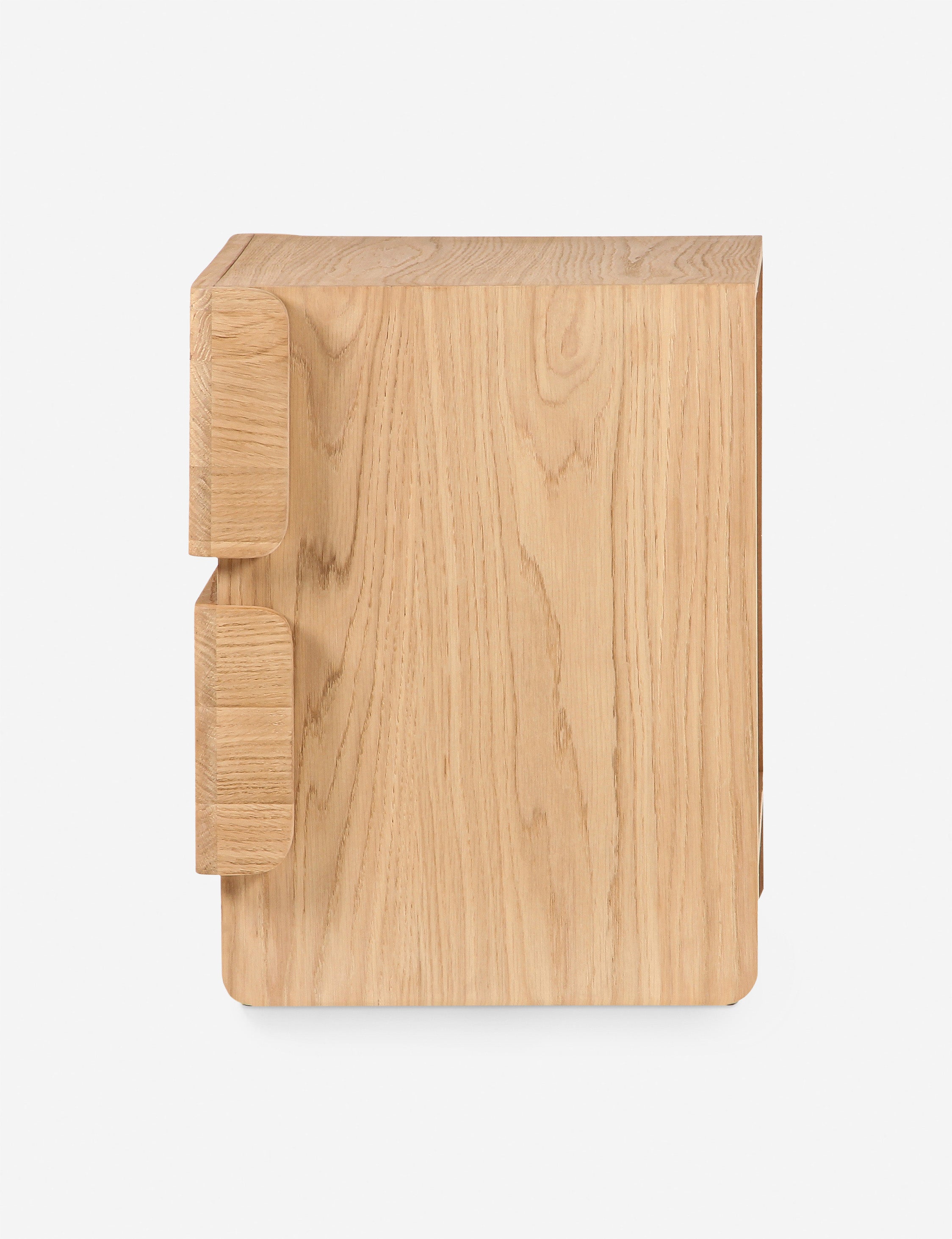 Side profile of the Mikiya modern natural oak 2-drawer nightstand