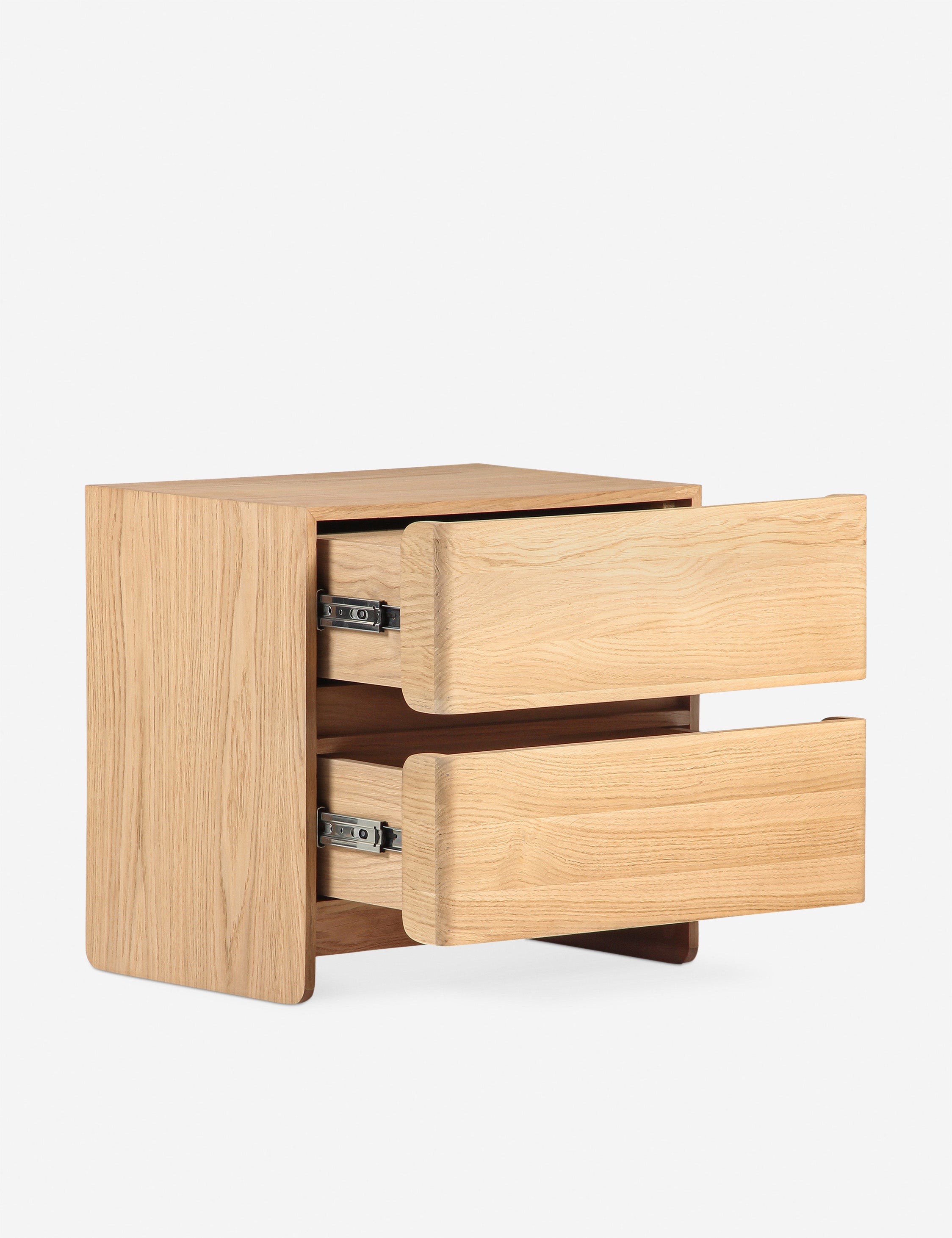 Angled view of the Mikiya modern natural oak 2-drawer nightstand with both drawers open
