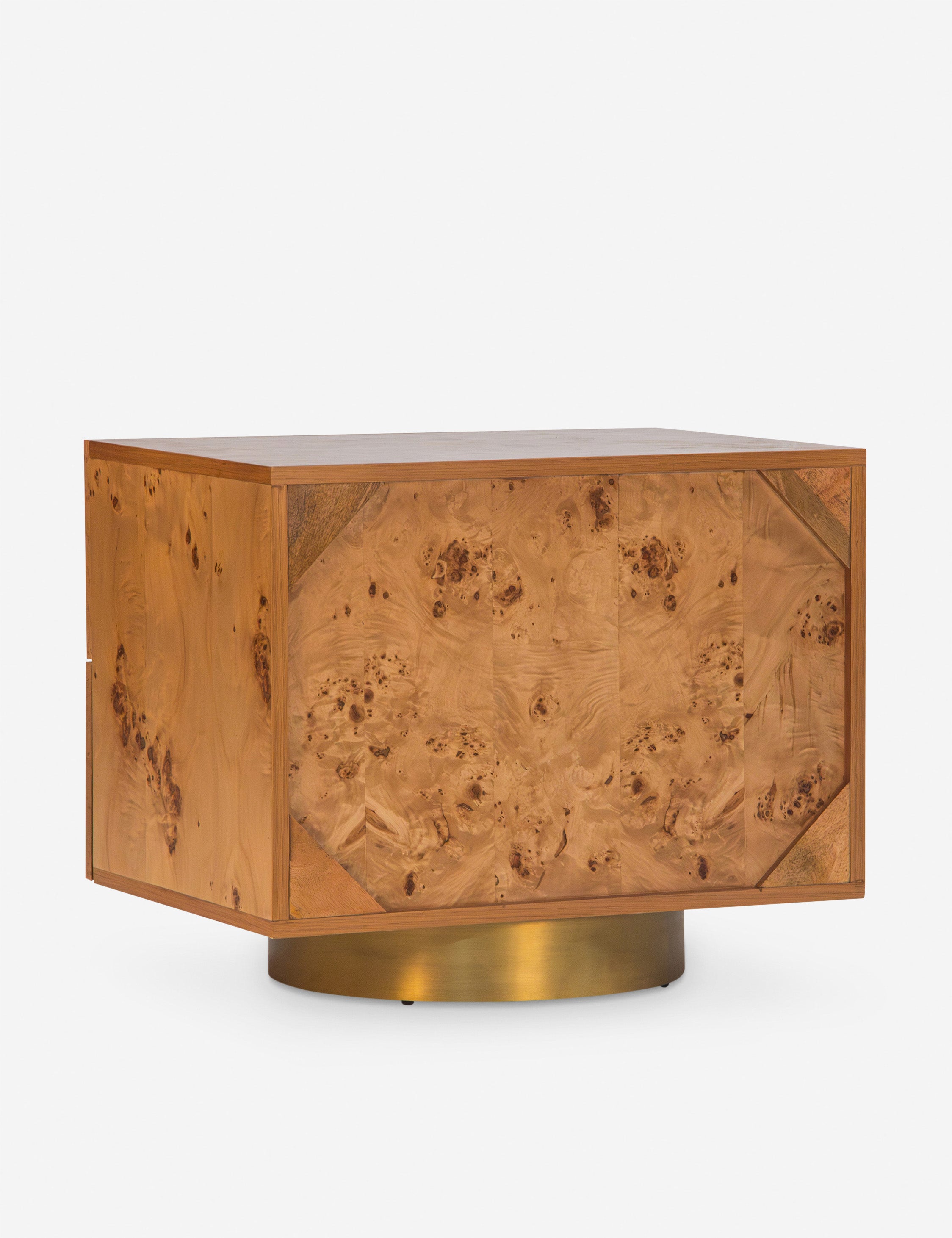 Angled back view of the Bertone burl wood 2-drawer nightstand