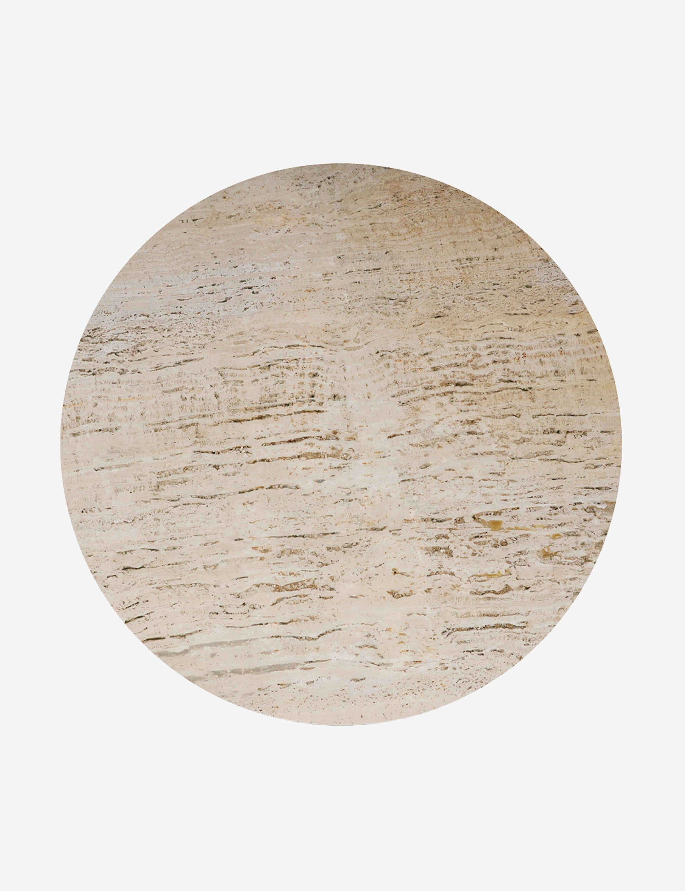 Overhead view of the Aleda round travertine and wood mixed-material coffee table.
