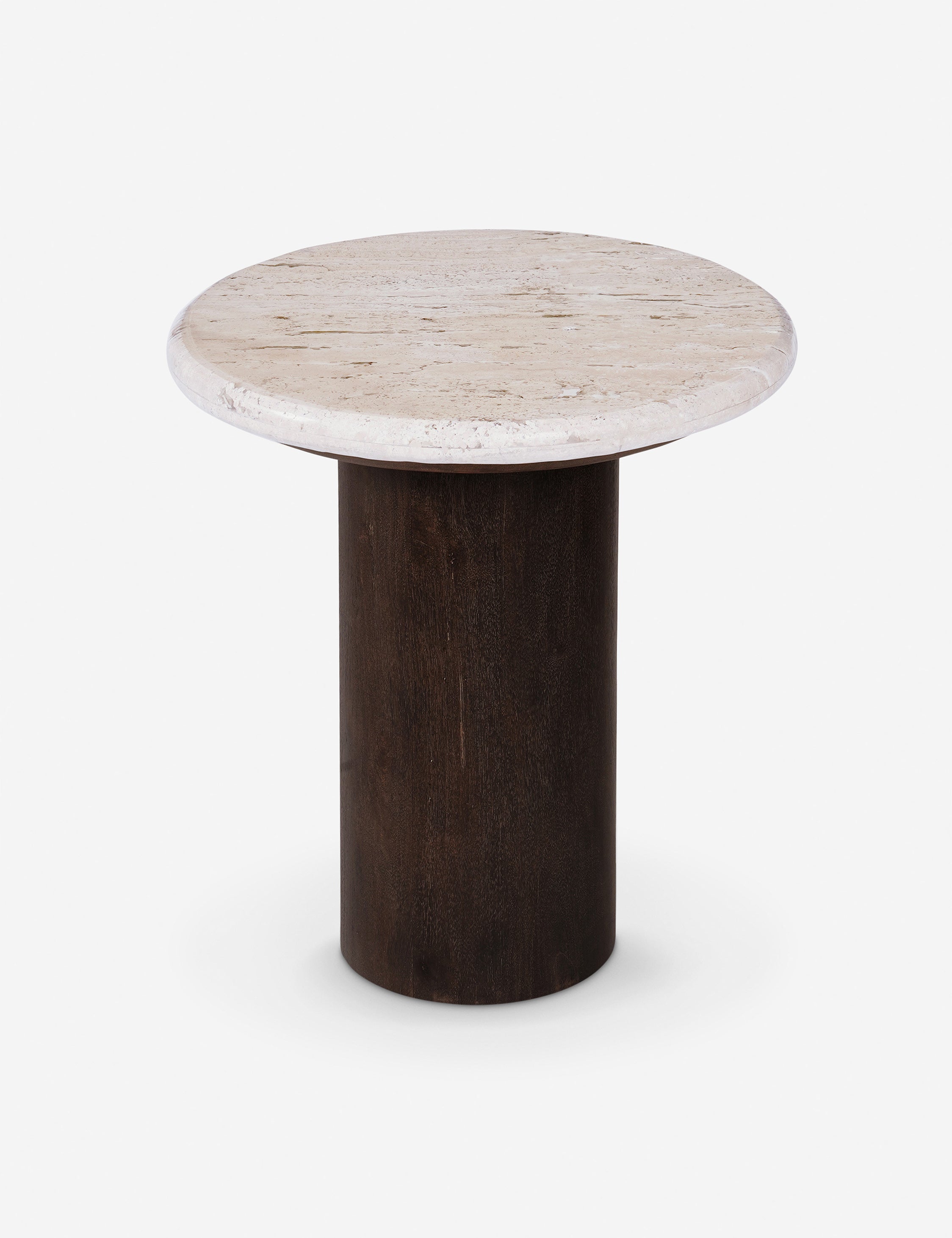 Aleda round travertine and wood mixed-material side table.