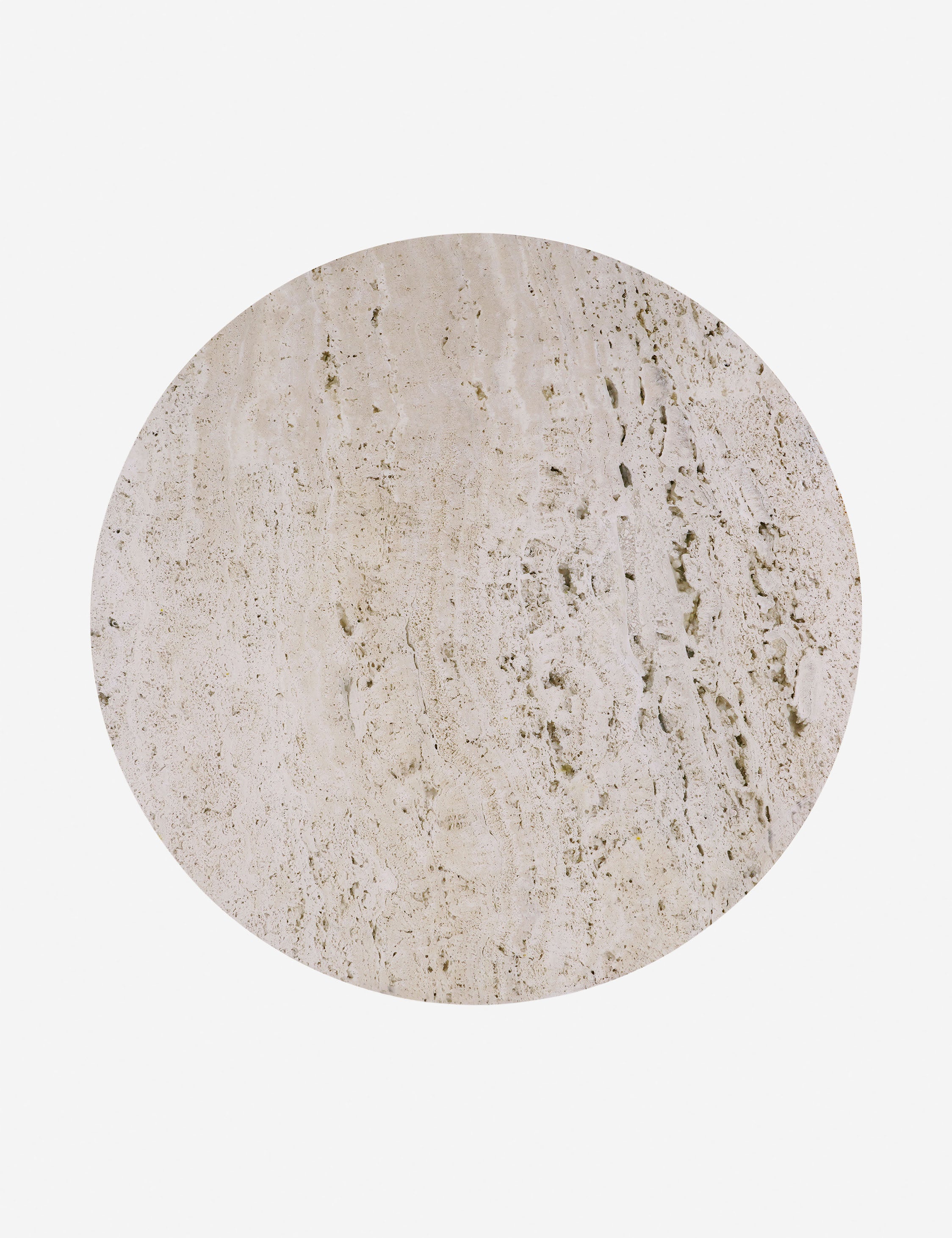 Overhead view of the Aleda round travertine and wood mixed-material side table.