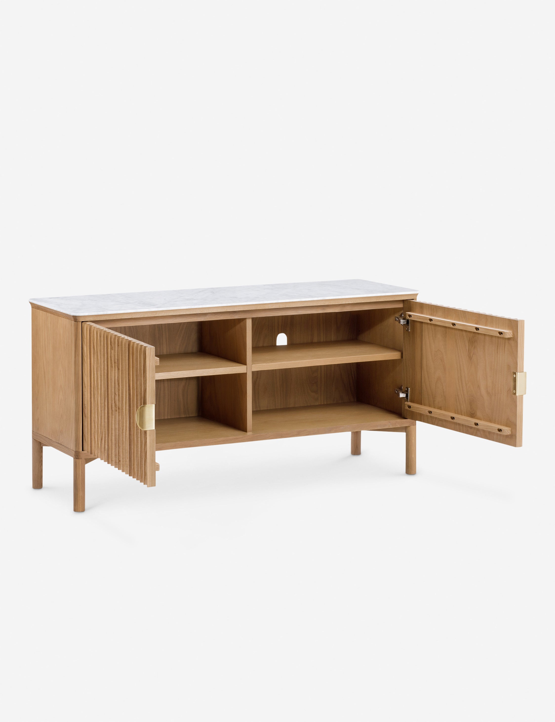 Both doors open to the inside of the Matija marble top, reeded door media console