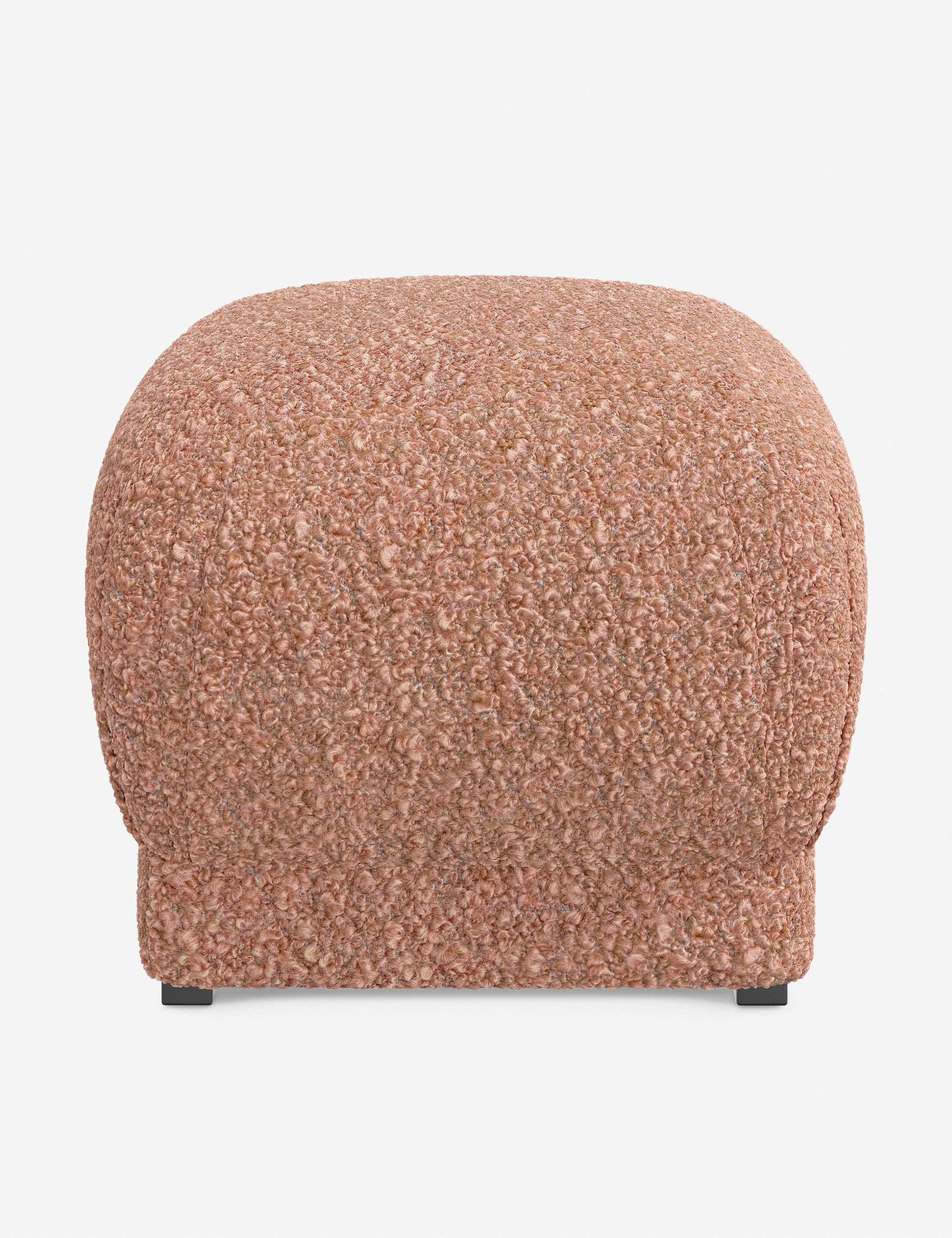 Bailee Blush Boucle upholstered ottoman with a pouf-like design and pleated corners