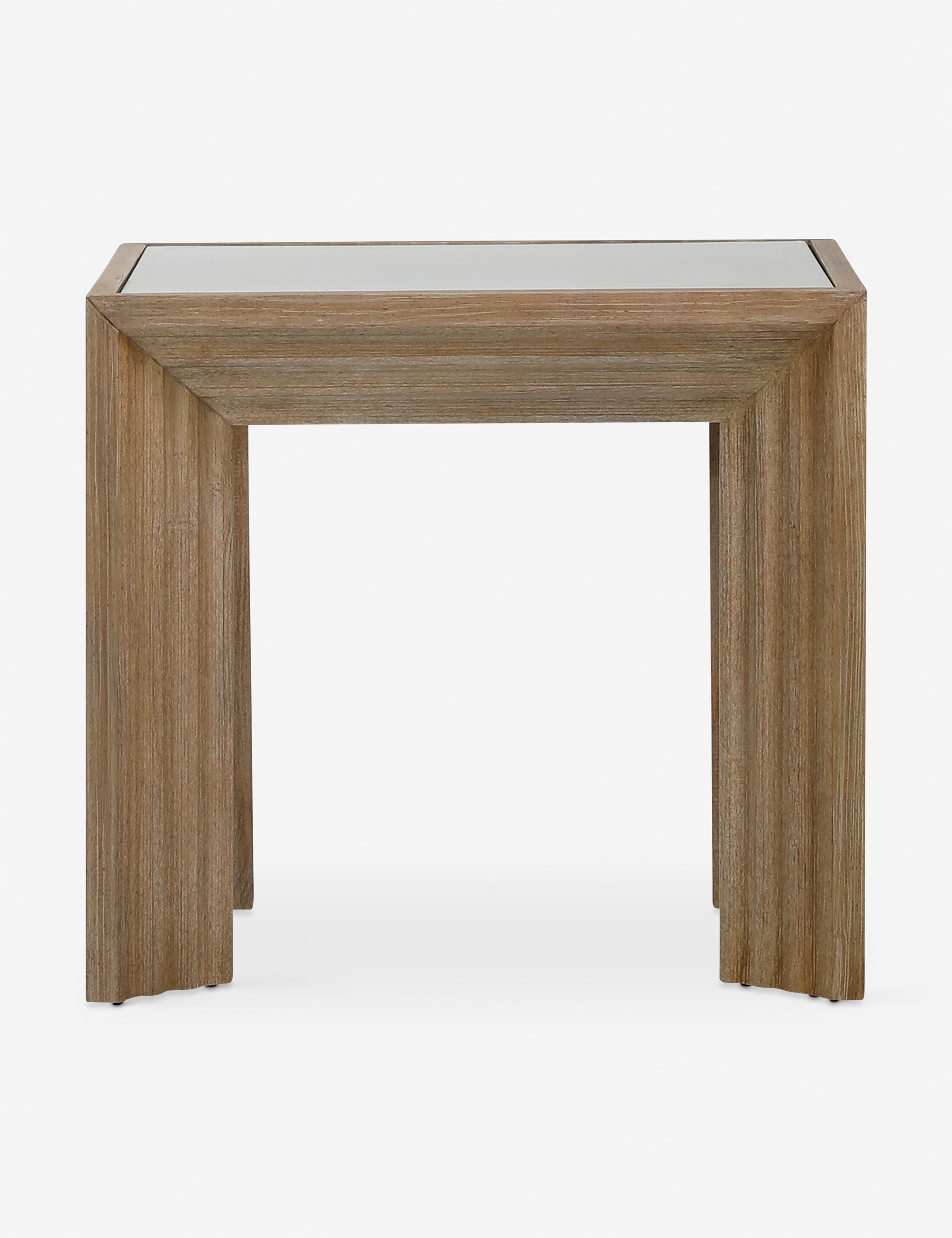 Side view of the Pender modern wood and glass top square side table.