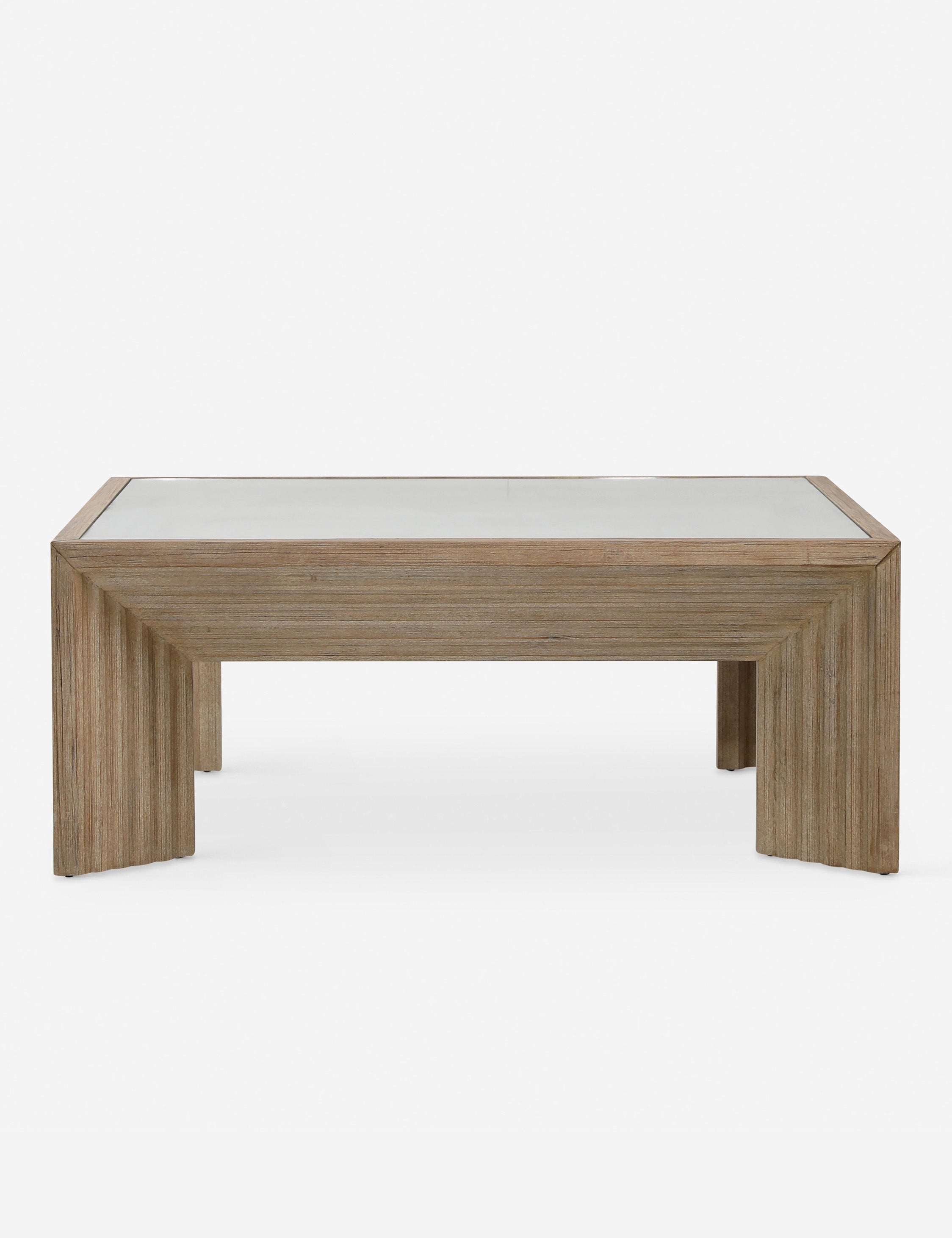 Pender modern wood and glass top square coffee table.