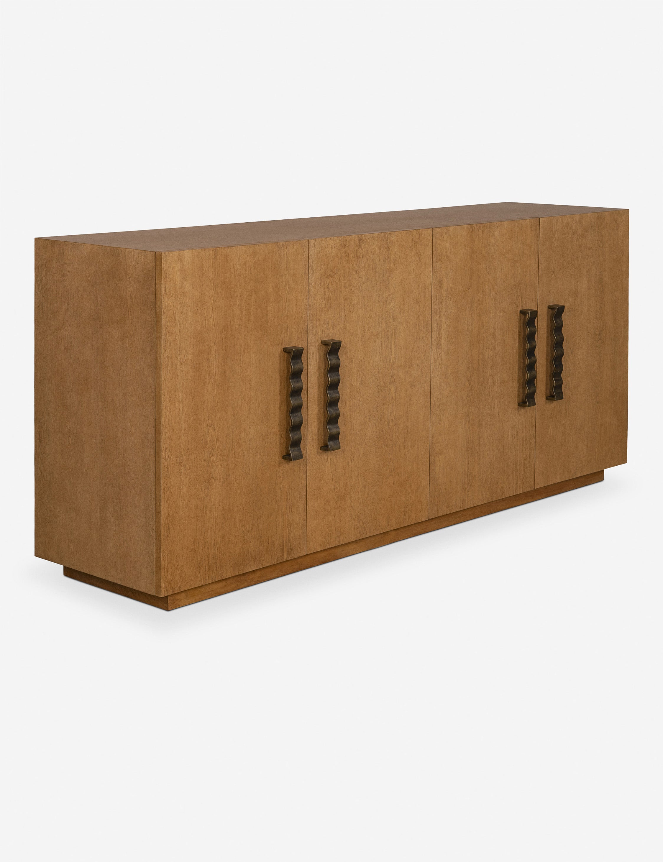 Angled view of the Fielder mid-century modern 4-door sideboard cabinet.