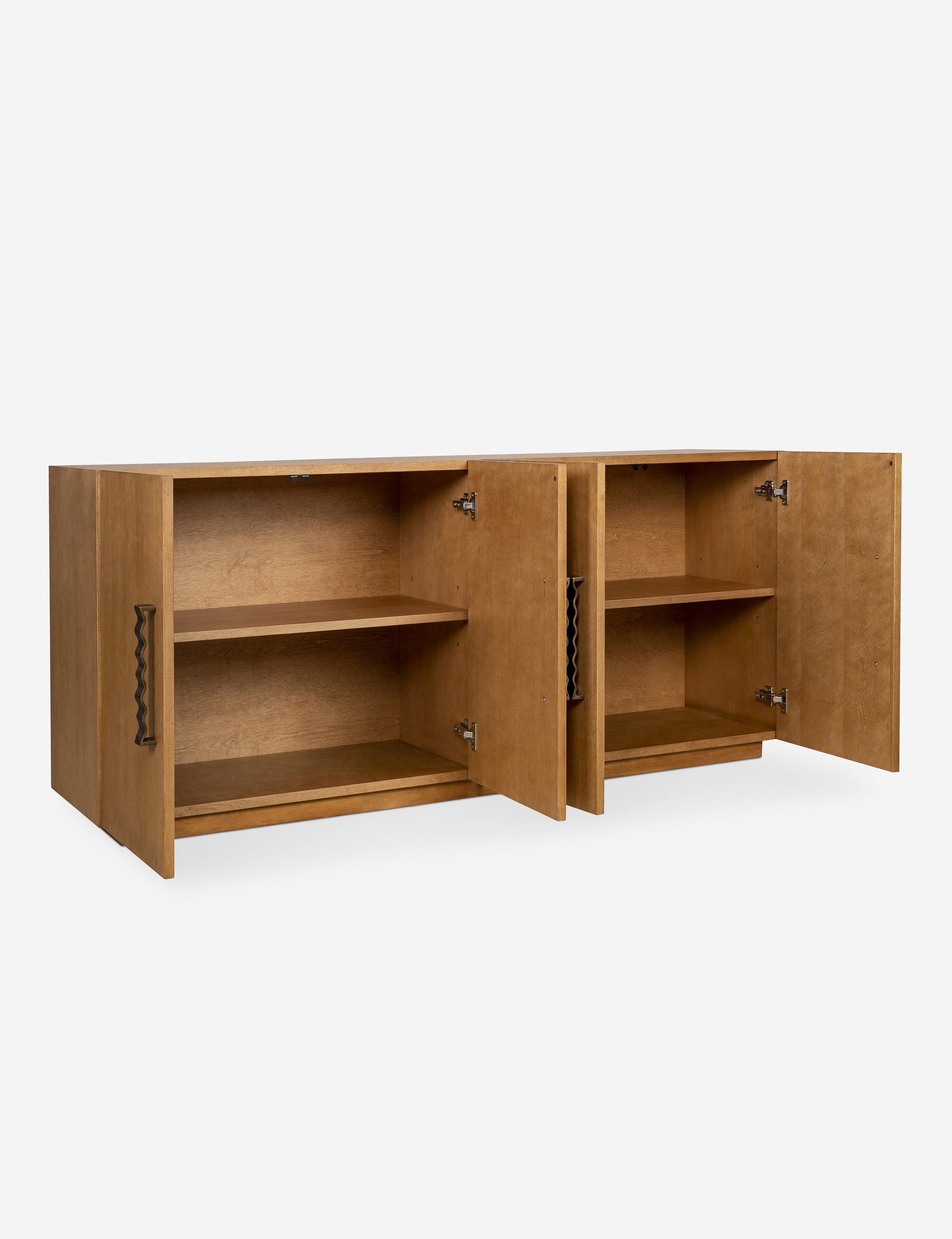 Fielder mid-century modern 4-door sideboard cabinet with all 4 doors opened.