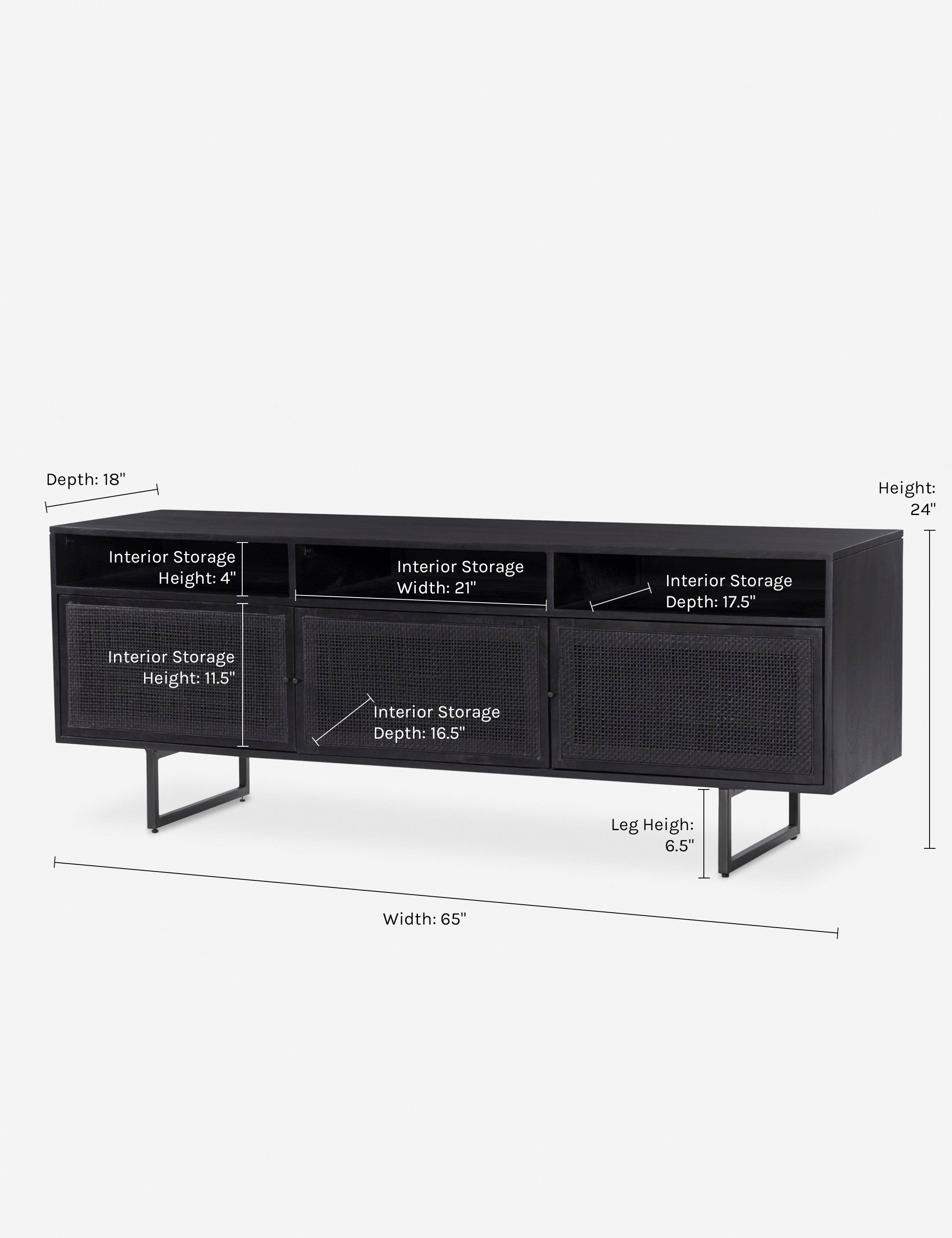 Dimensions on the Hannah media console with cane doors.