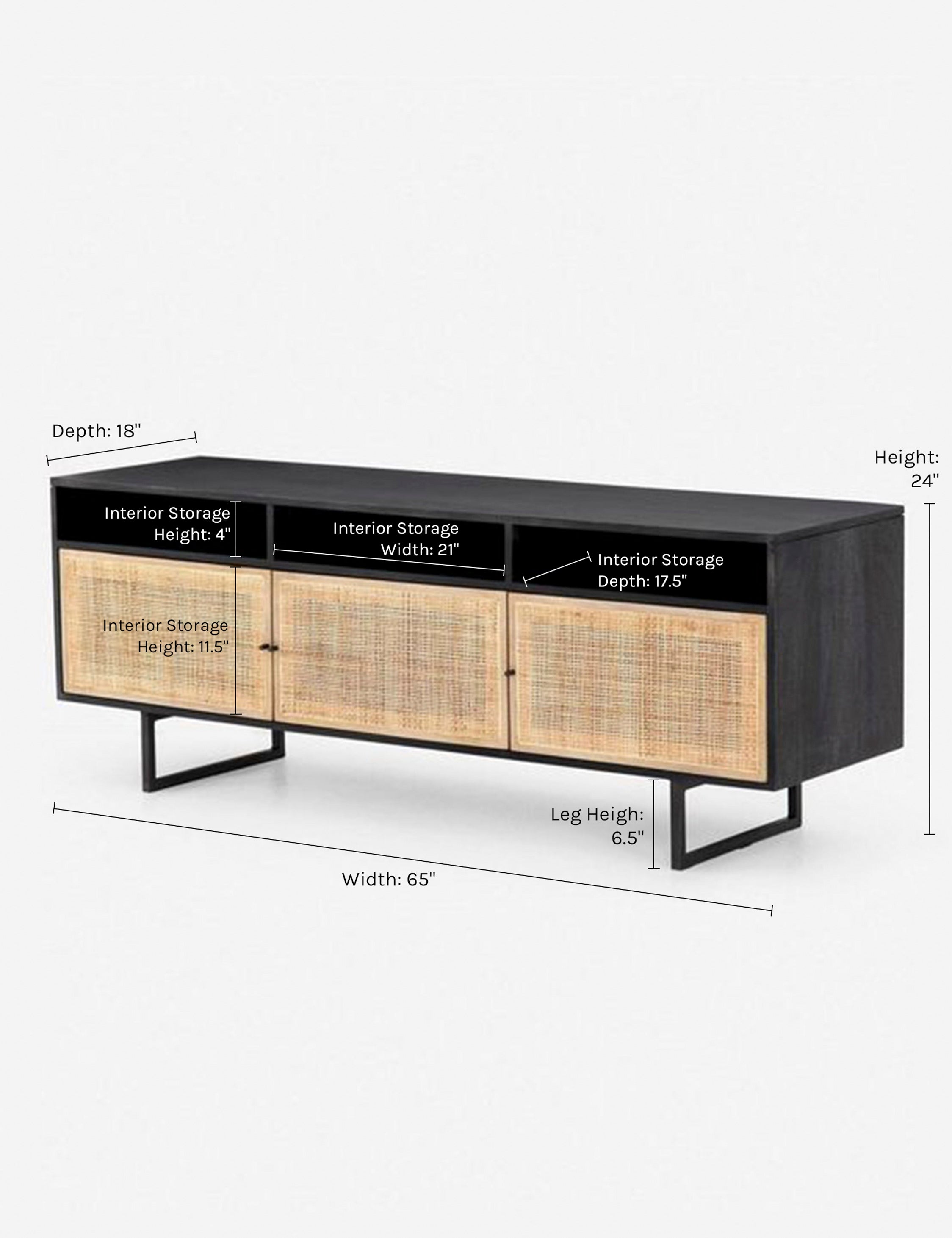 Dimensions on the Hannah black mango wood media console with cane doors.