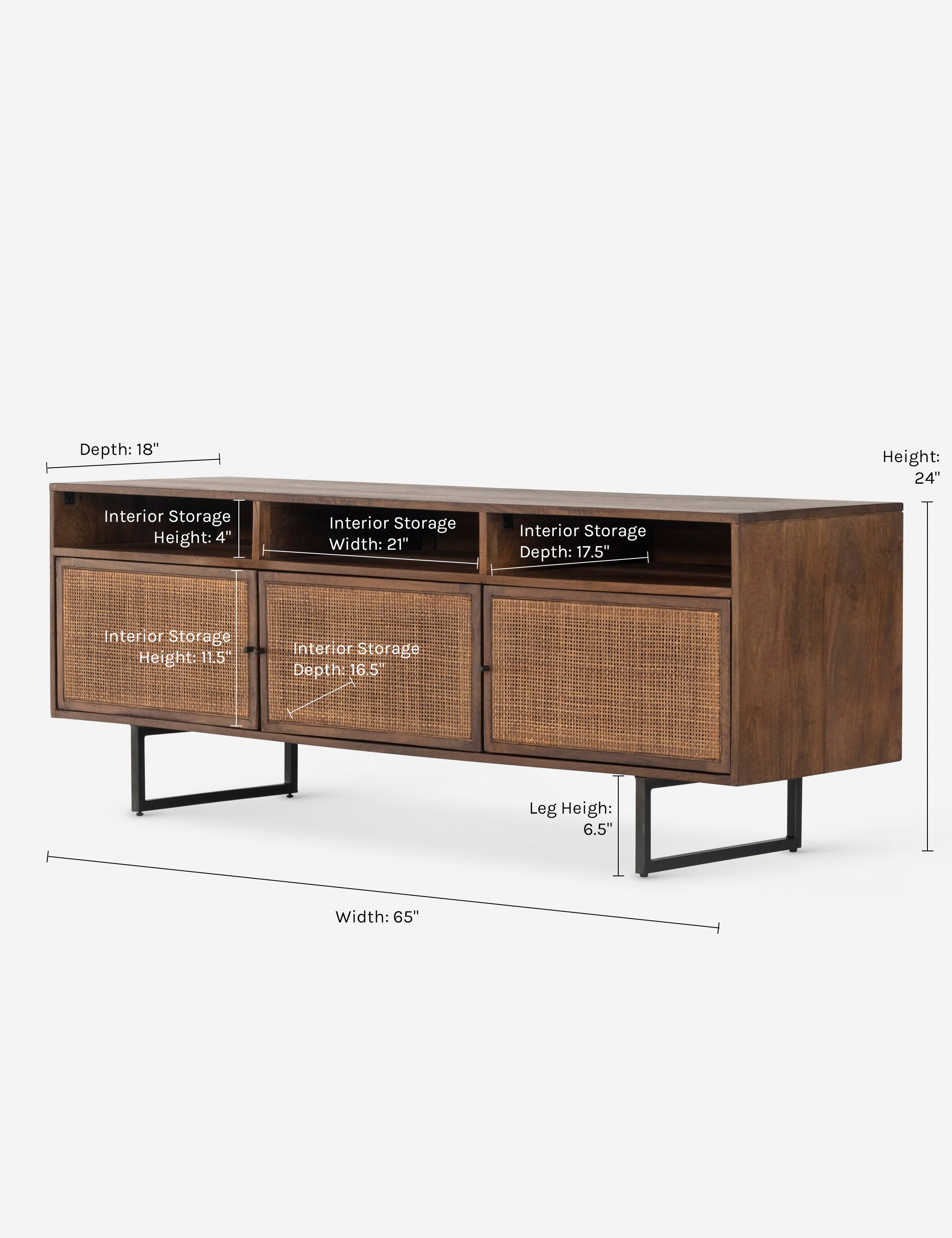 Dimensions on the Hannah media console with cane doors.