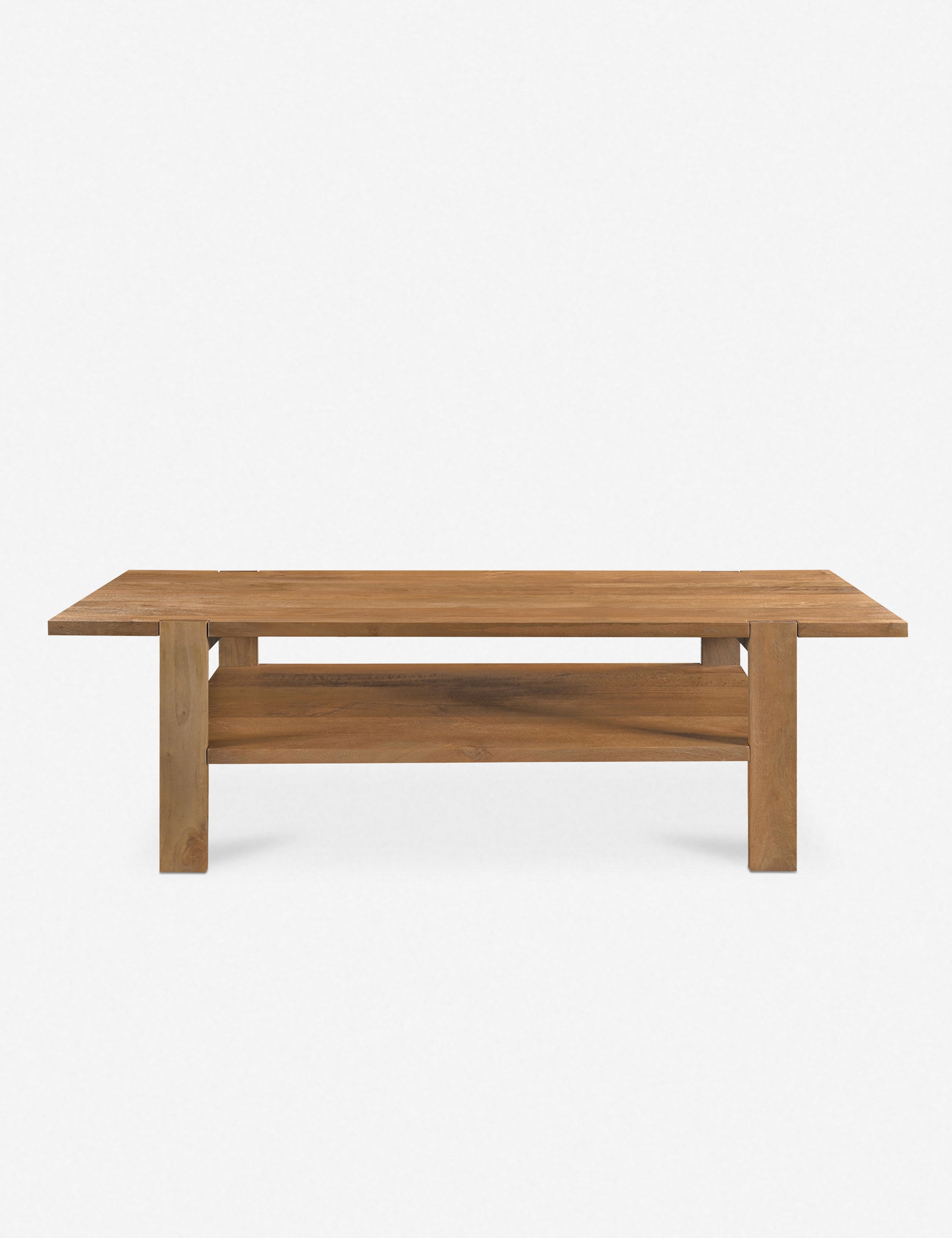 Knappet natural grain wooden coffee table with shelf.