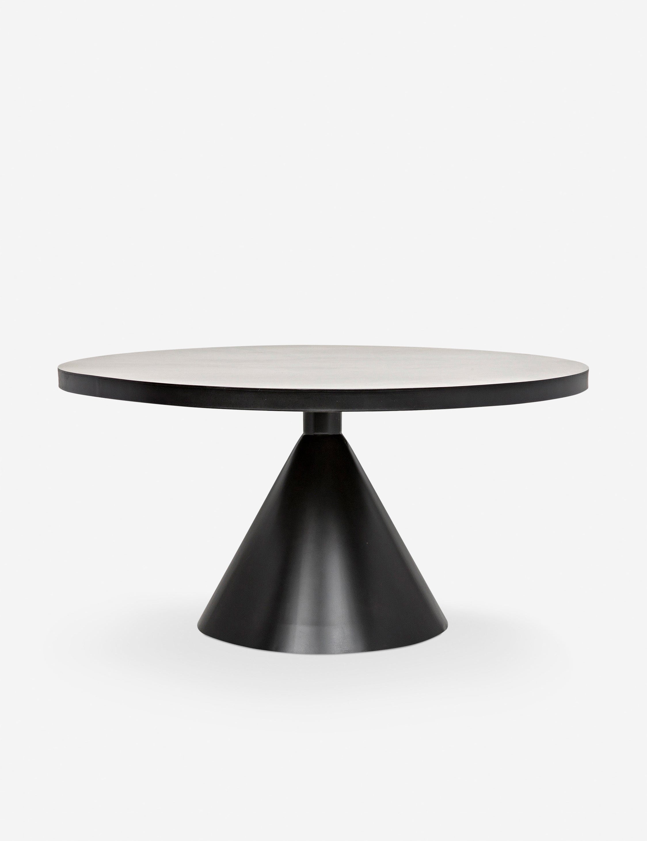 Kimani round black dining table with a dark metal finish and cone-shaped pedestal