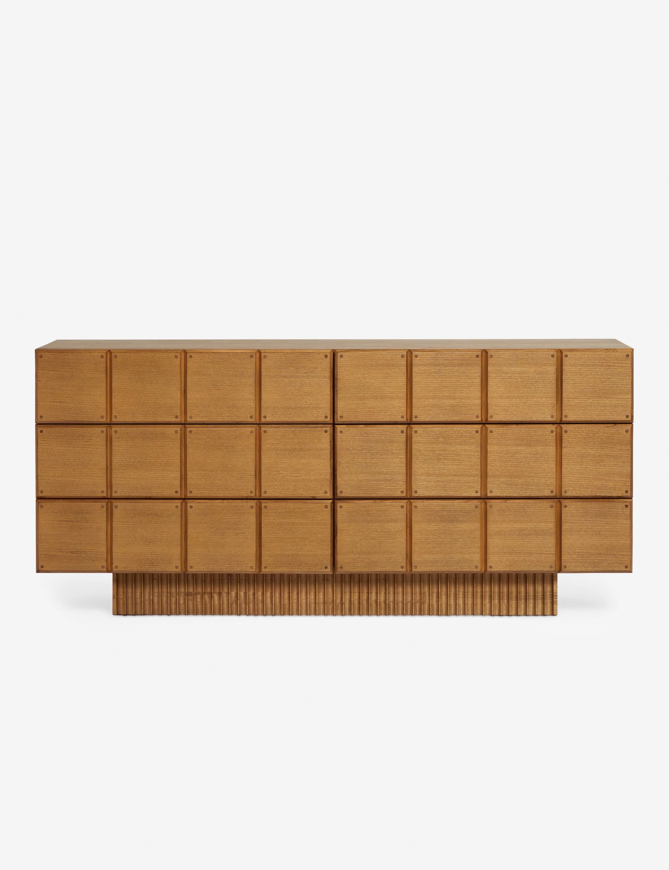 Close up view of the blockwork design on the Lee six drawer dresser