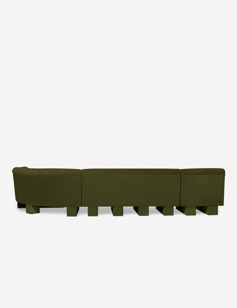 #color::Loden-velvet #configuration::right-facing #size::142-W | Rear view of the entire Lena right-facing gray velvet sectional sofa with upholstered beam legs.