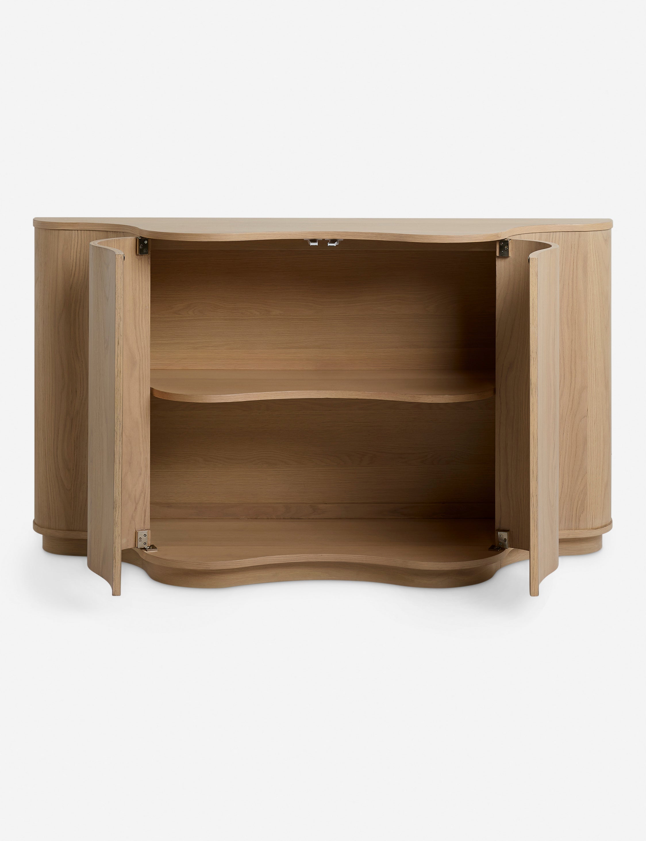 Cora half-moon, wavy light-wood sideboard with doors open