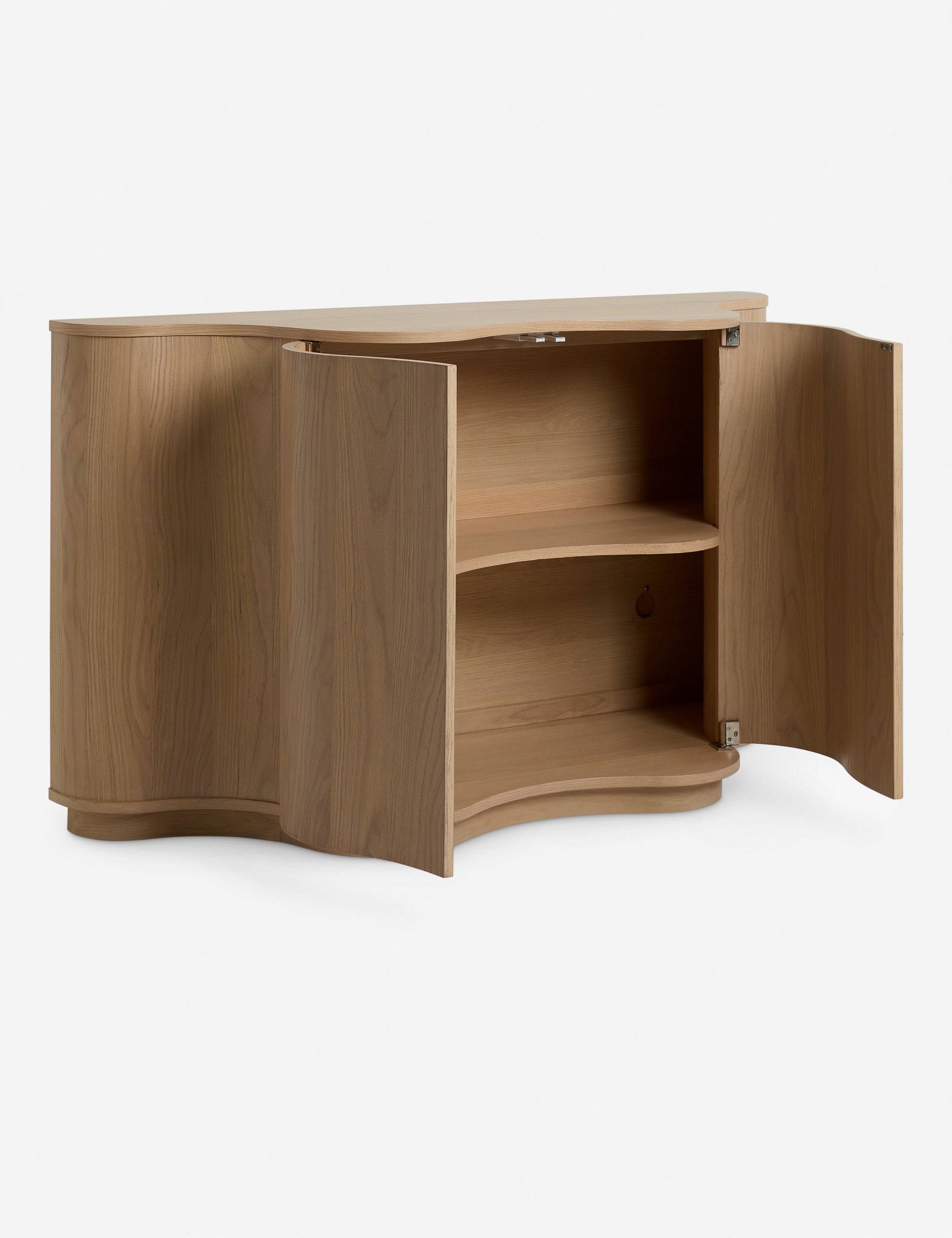 Cora half-moon, wavy light-wood sideboard with doors open
