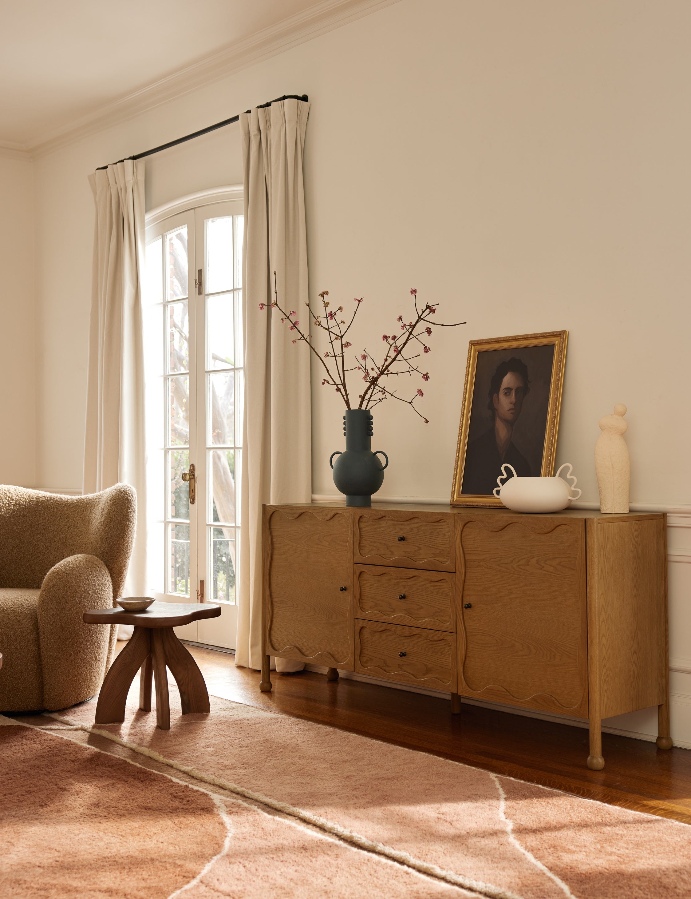 Tosca beaded detailed loop handle ceramic vase by Aimee Song styled on a sideboard cabinet