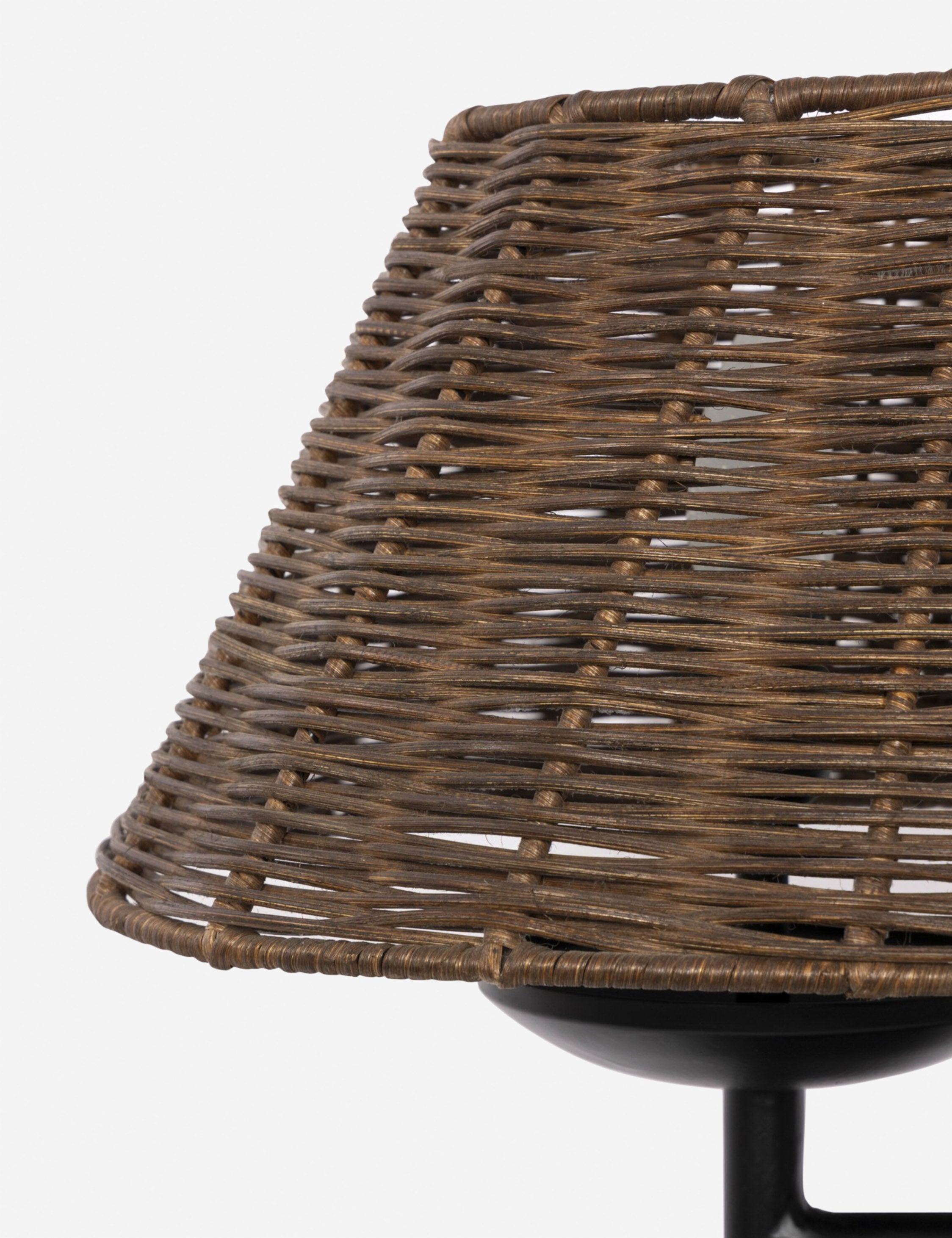 Close up of the shade of the Teulon basketweave wicker double-post table lamp