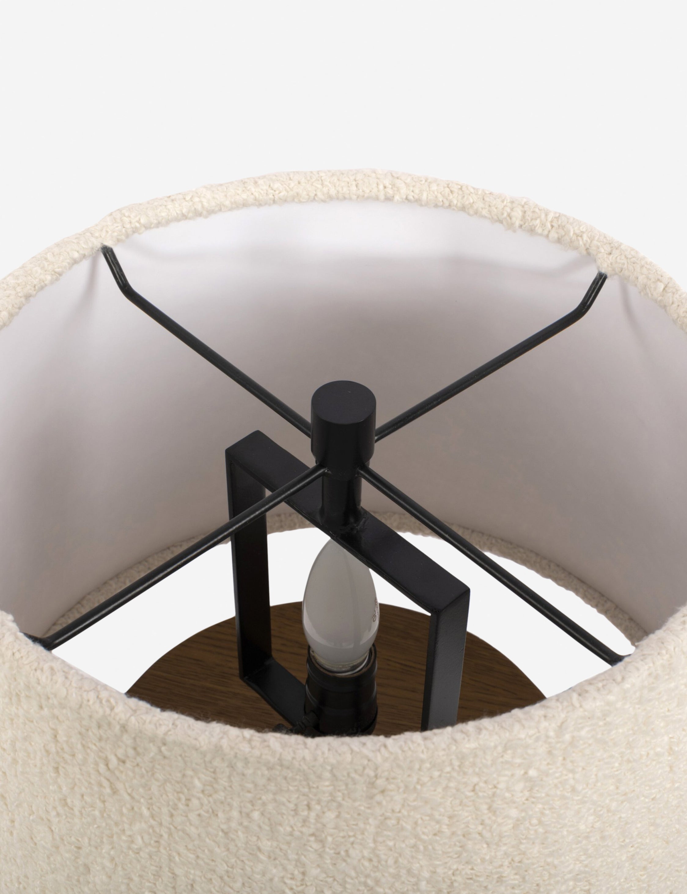 Close up of the shade of the Mulberry boucle shade mixed-material table lamp
