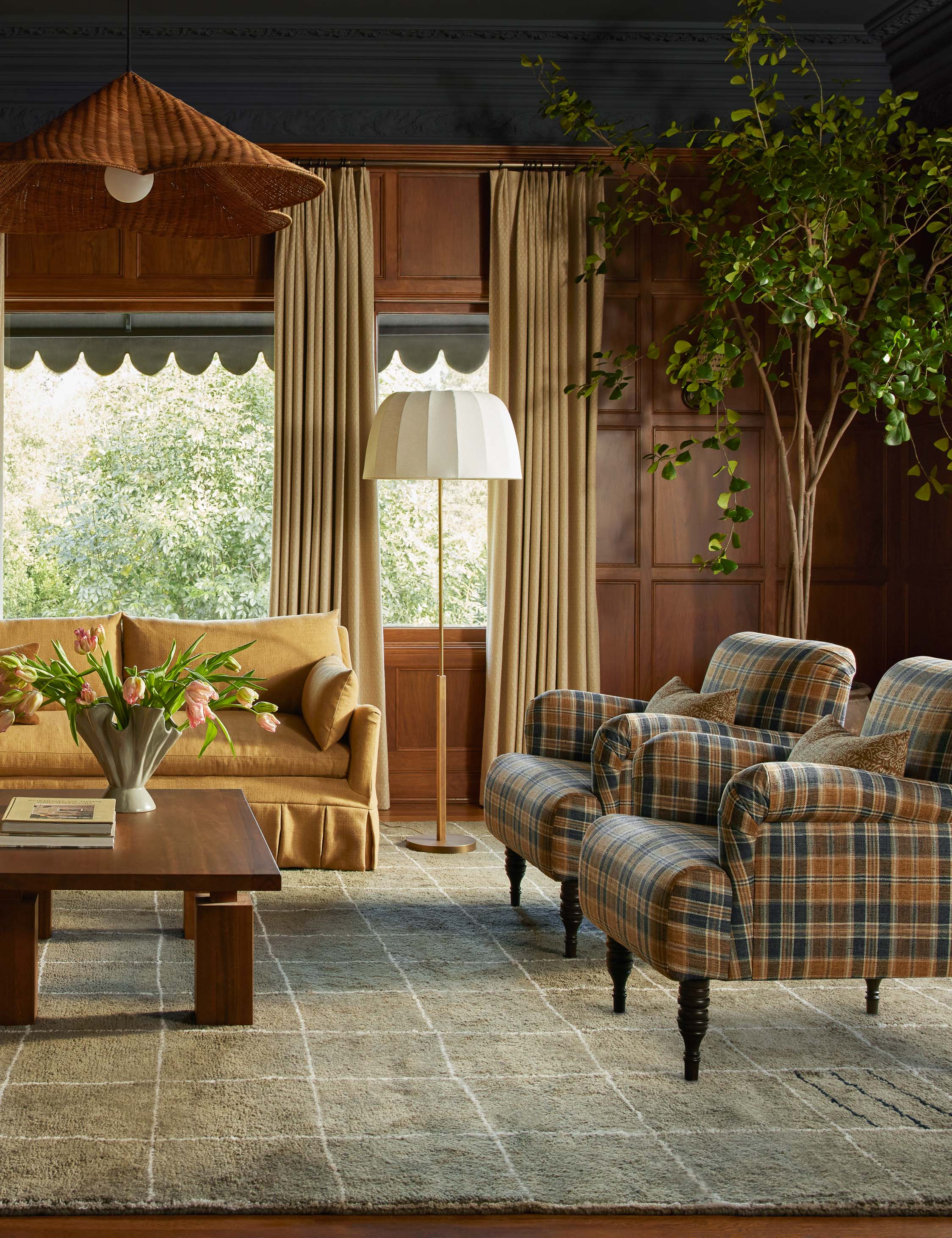 Ebele slim frame, linen shade floor lamp styled next to a sofa