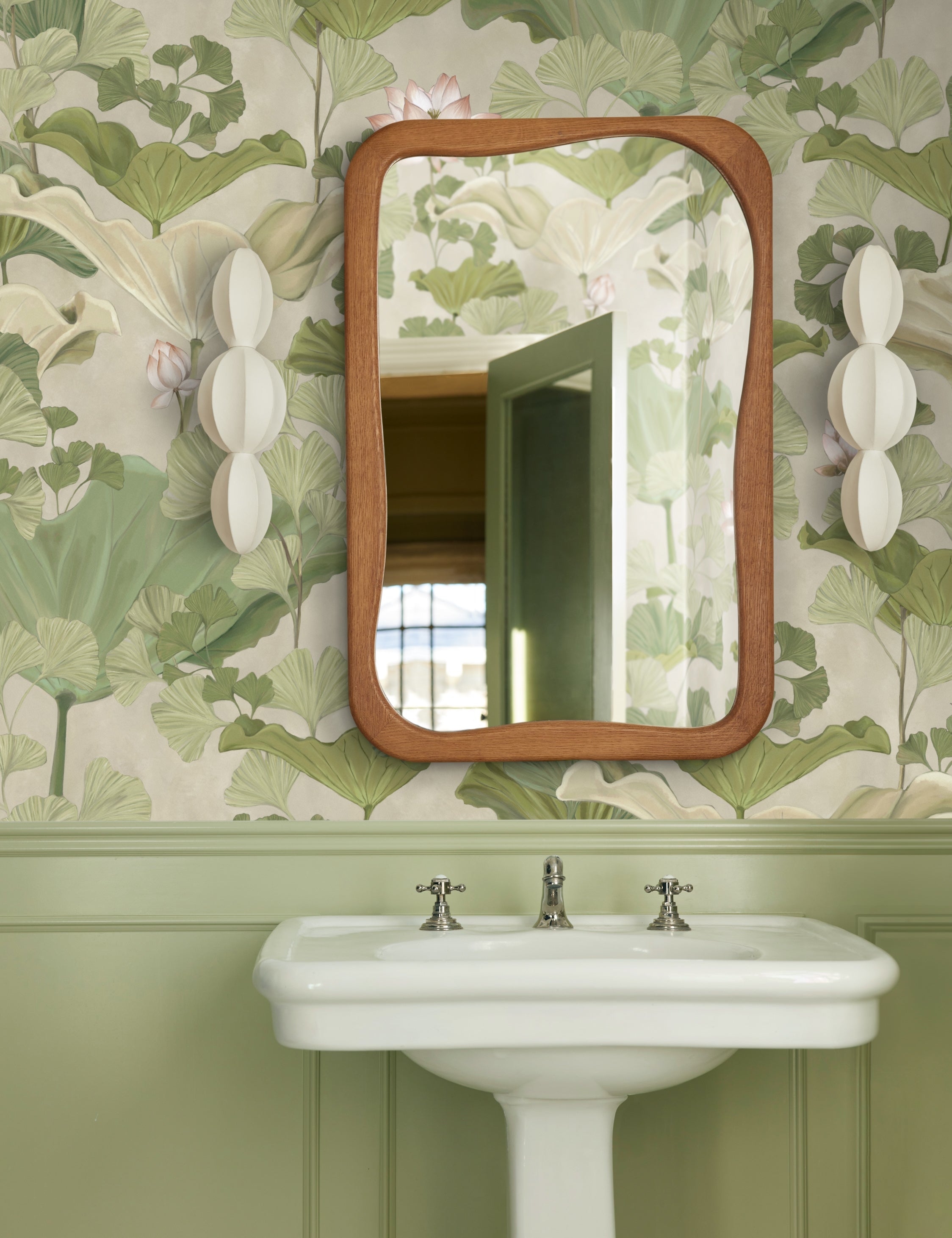Bathroom featuring the Lotus lush botanical wallpaper by Aimee Song on the walls
