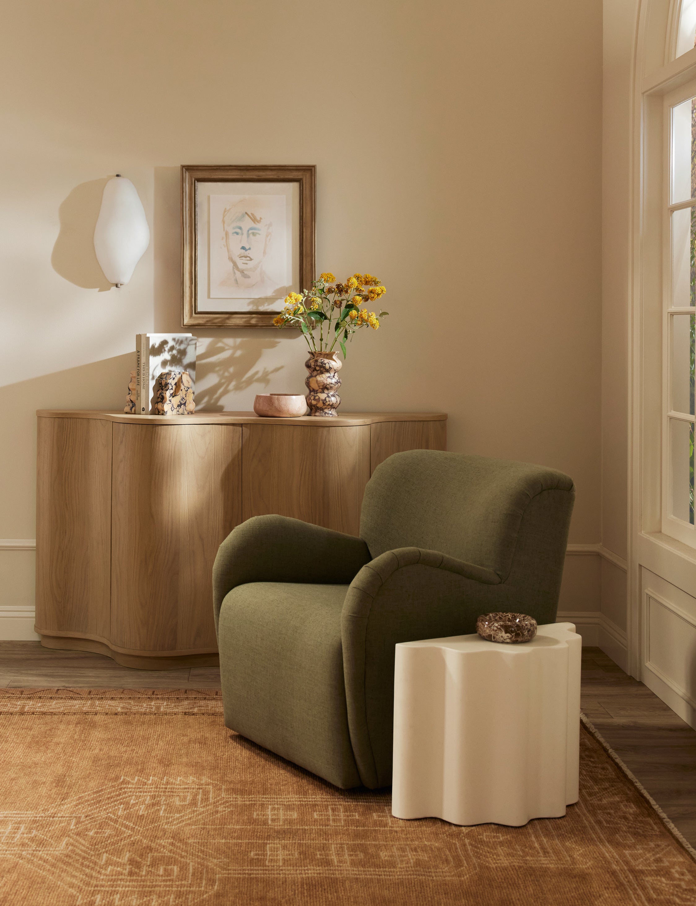 Cora half-moon, wavy light-wood sideboard with chair and Lune side table