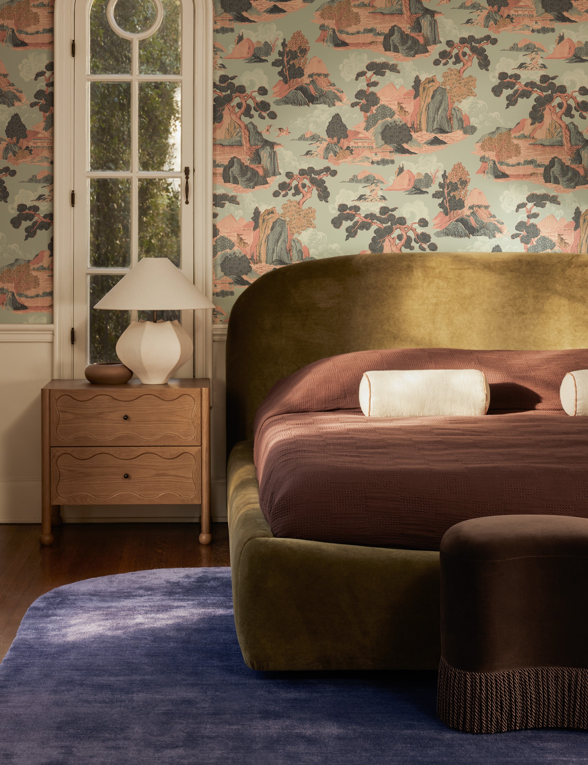 Punto sculptural ceramic table lamp by Aimee Song styled on a nightstand