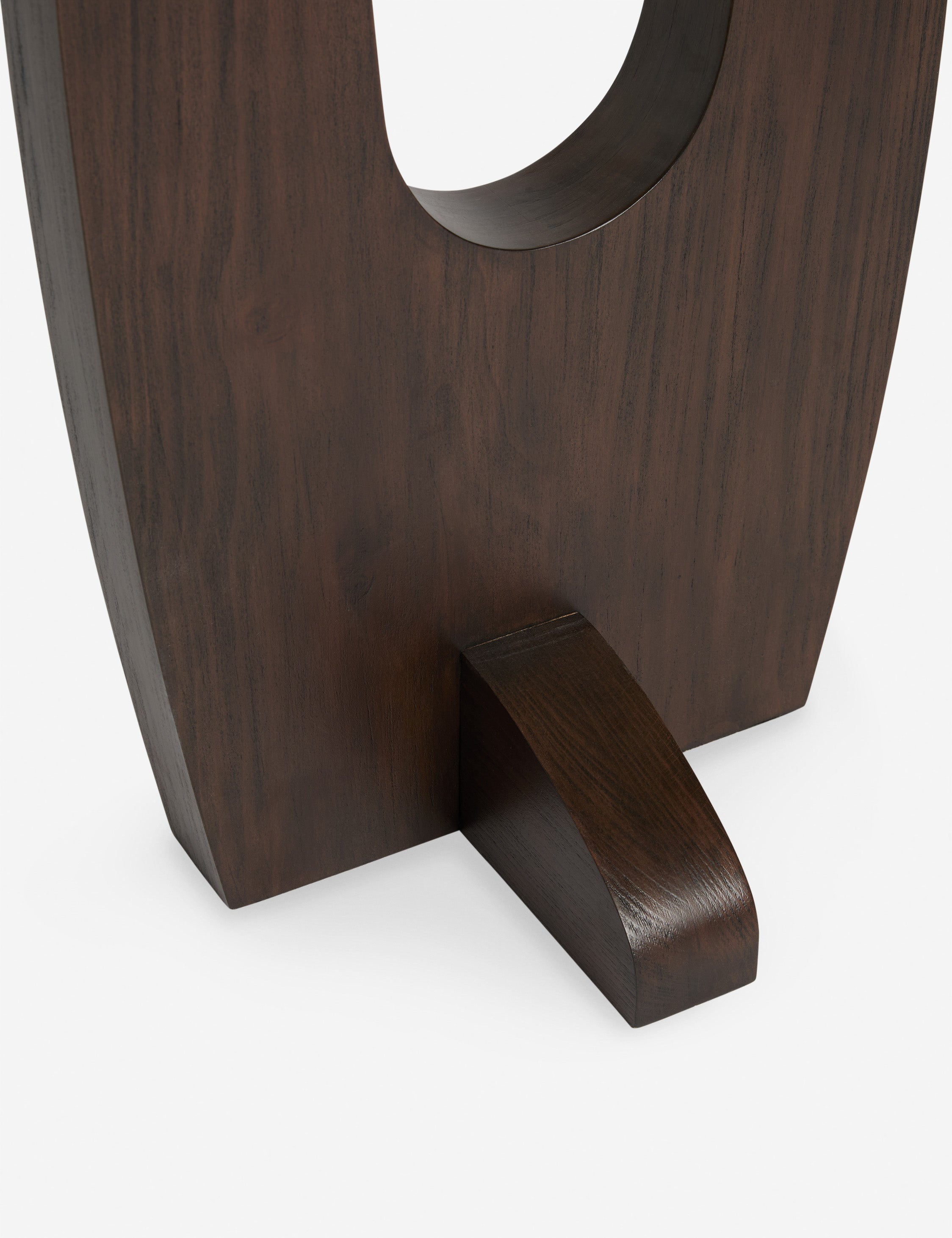 Close up view of the base of the Arca sculptural chunky wood two shade floor lamp by Aimee Song