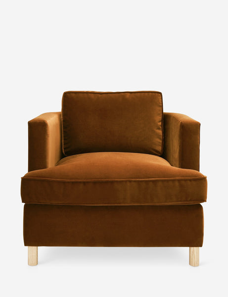#color::cognac | Belmont Cognac velvet accent chair by Ginny Macdonald with a curved back and oversized plush cushions