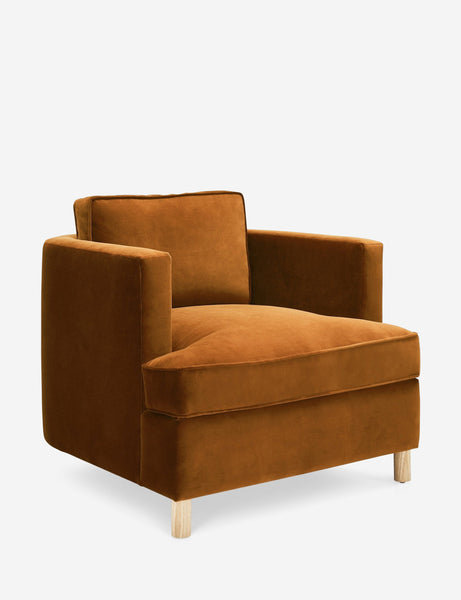 #color::cognac | Angled view of the Belmont Cognac velvet accent chair