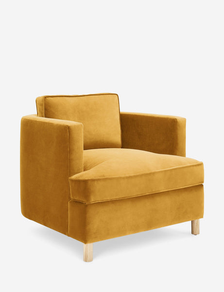 #color::goldenrod-plush-velvet | Angled view of the Belmont goldenrod velvet accent chair