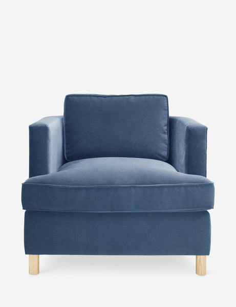 #color::harbor | Belmont Harbor blue velvet accent chair by Ginny Macdonald with a curved back and oversized plush cushions
