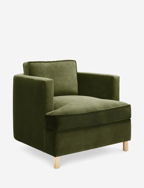 #color::jade | Angled view of the Belmont Jade green velvet accent chair
