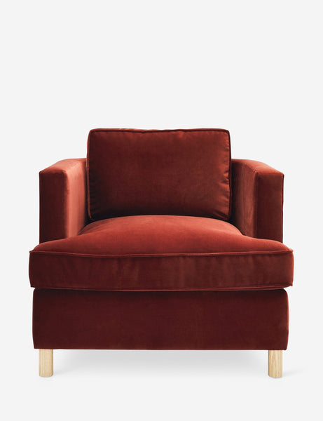 #color::paprika | Belmont Paprika red velvet accent chair by Ginny Macdonald with a curved back and oversized plush cushions