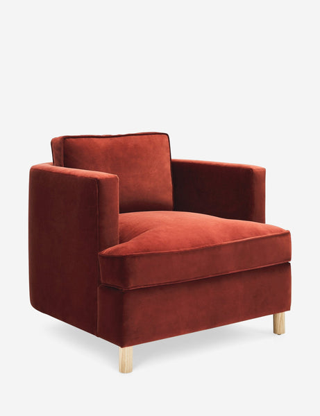 #color::paprika | Angled view of the Belmont Paprika red velvet accent chair